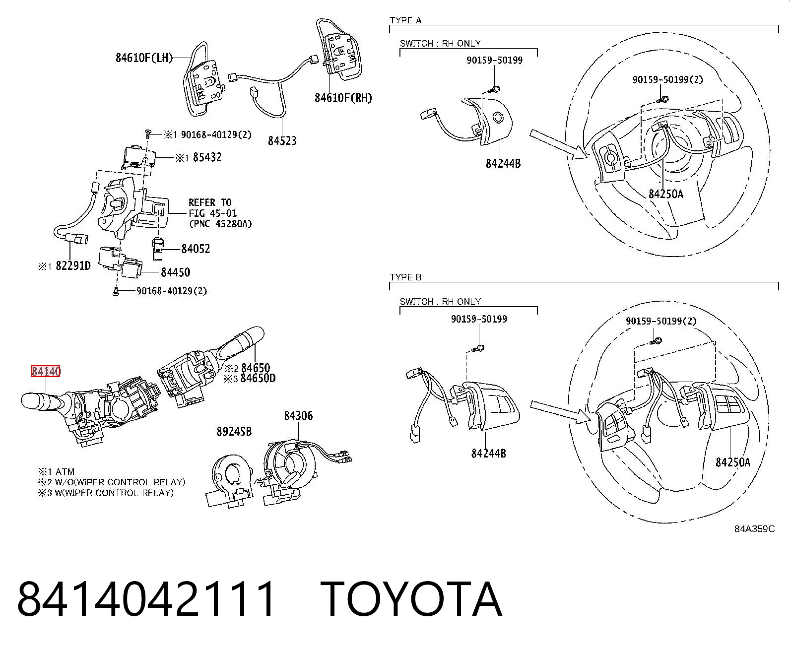 8414042111 Toyota Comutador esquerdo instalado na coluna da direção