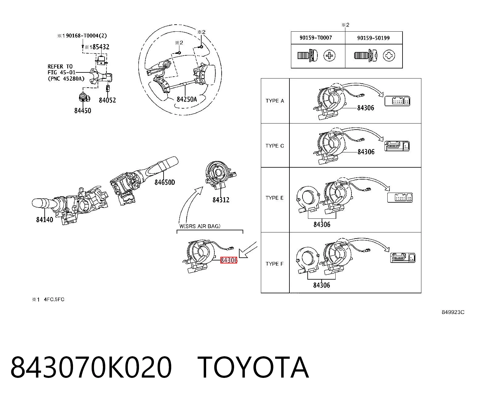 843070K020 Toyota Anel AIRBAG de contato, cabo plano do volante