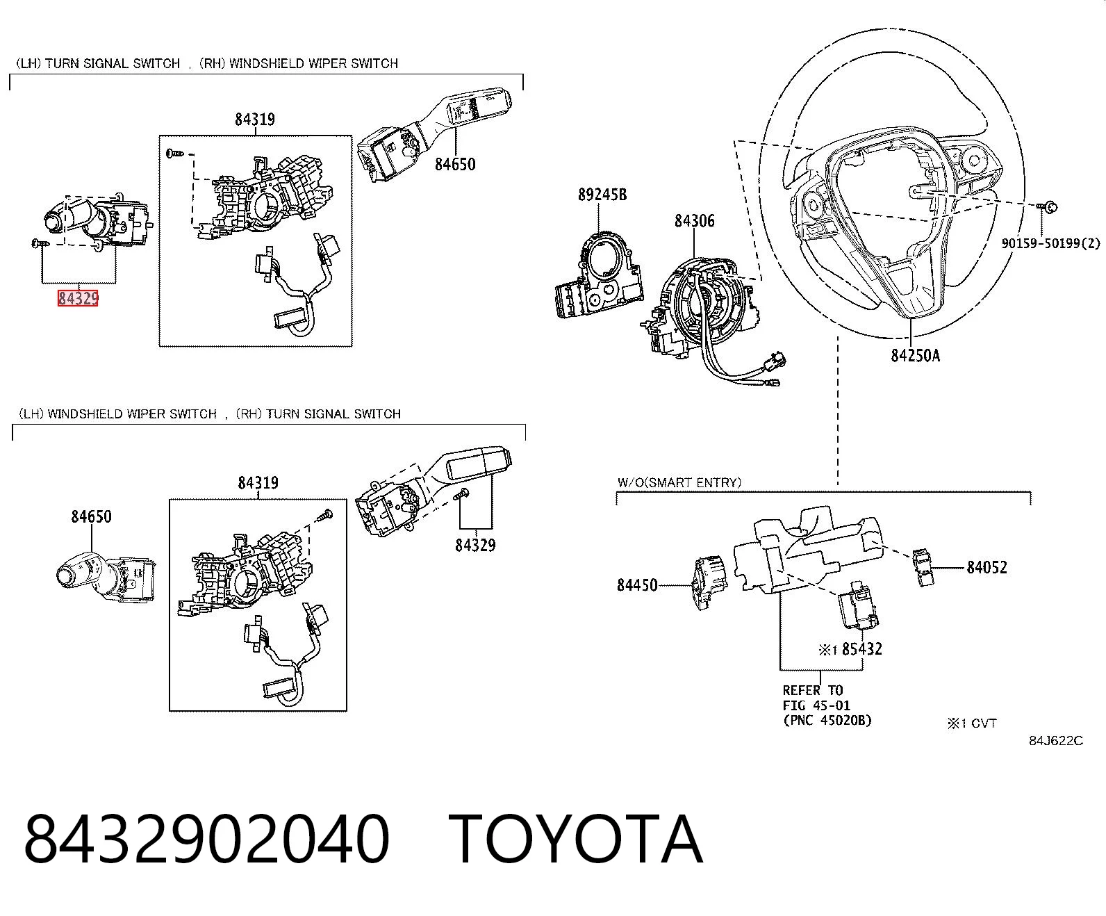 8432902040 Toyota Comutador esquerdo instalado na coluna da direção