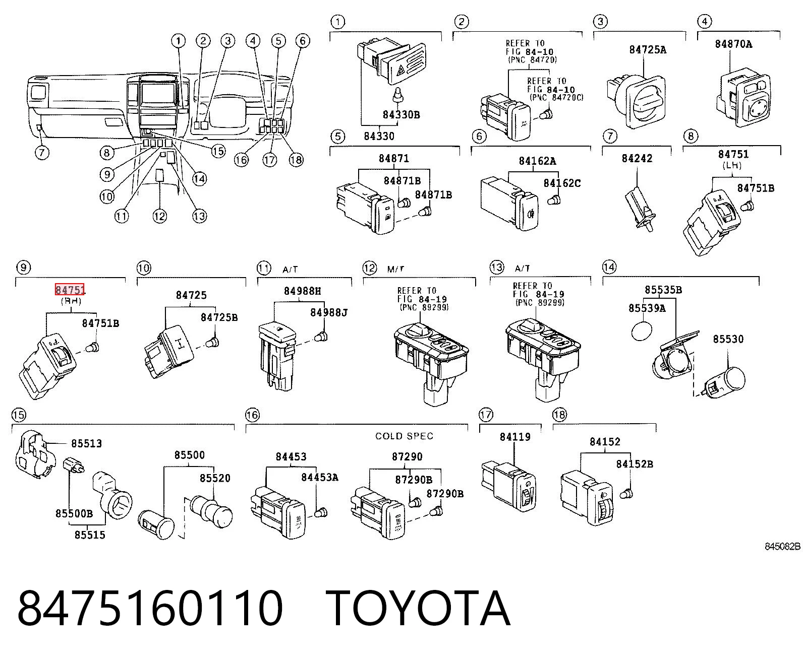 8475160110 Toyota Botão de ativação de aquecimento do assento