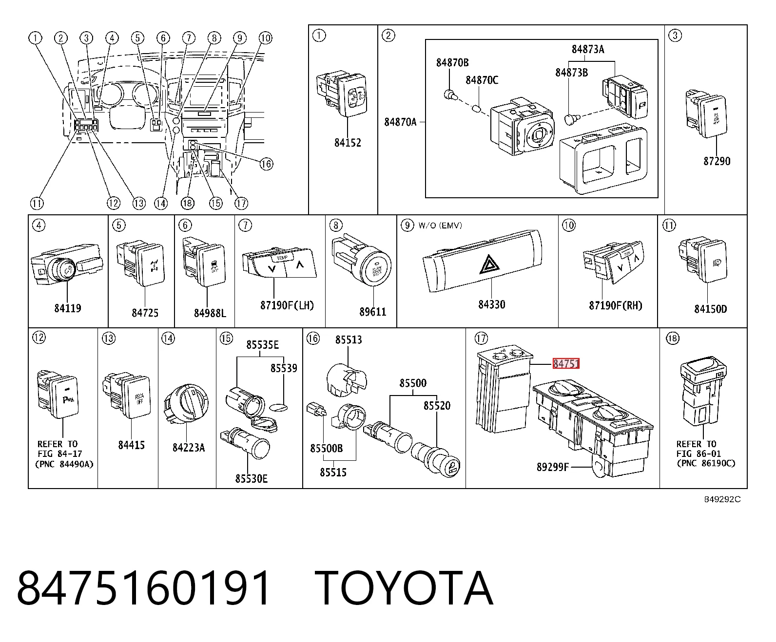 8475160191 Toyota Botão de ativação de aquecimento do assento