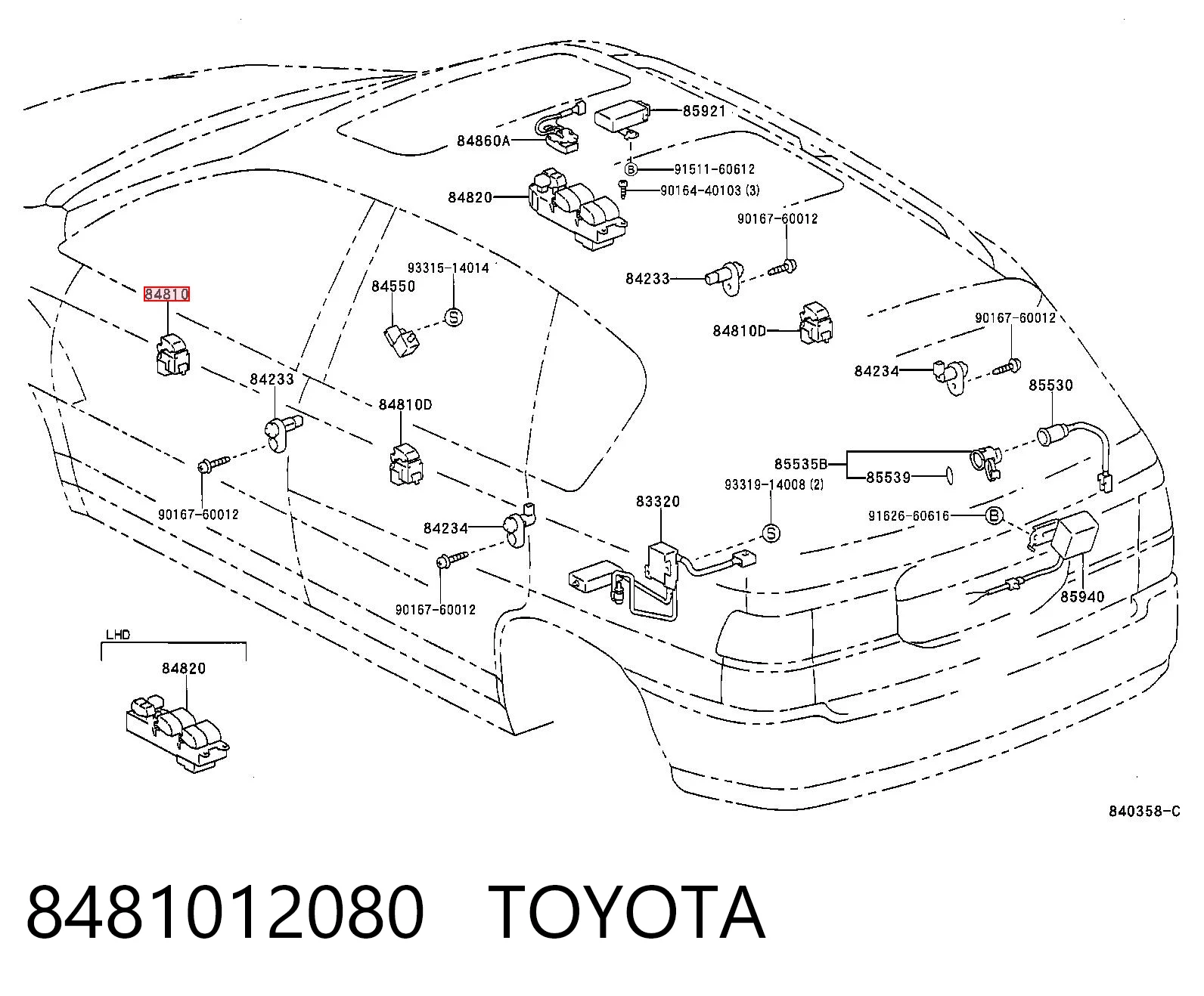 8481012080 Toyota Botão dianteiro direito de ativação de motor de acionamento de vidro