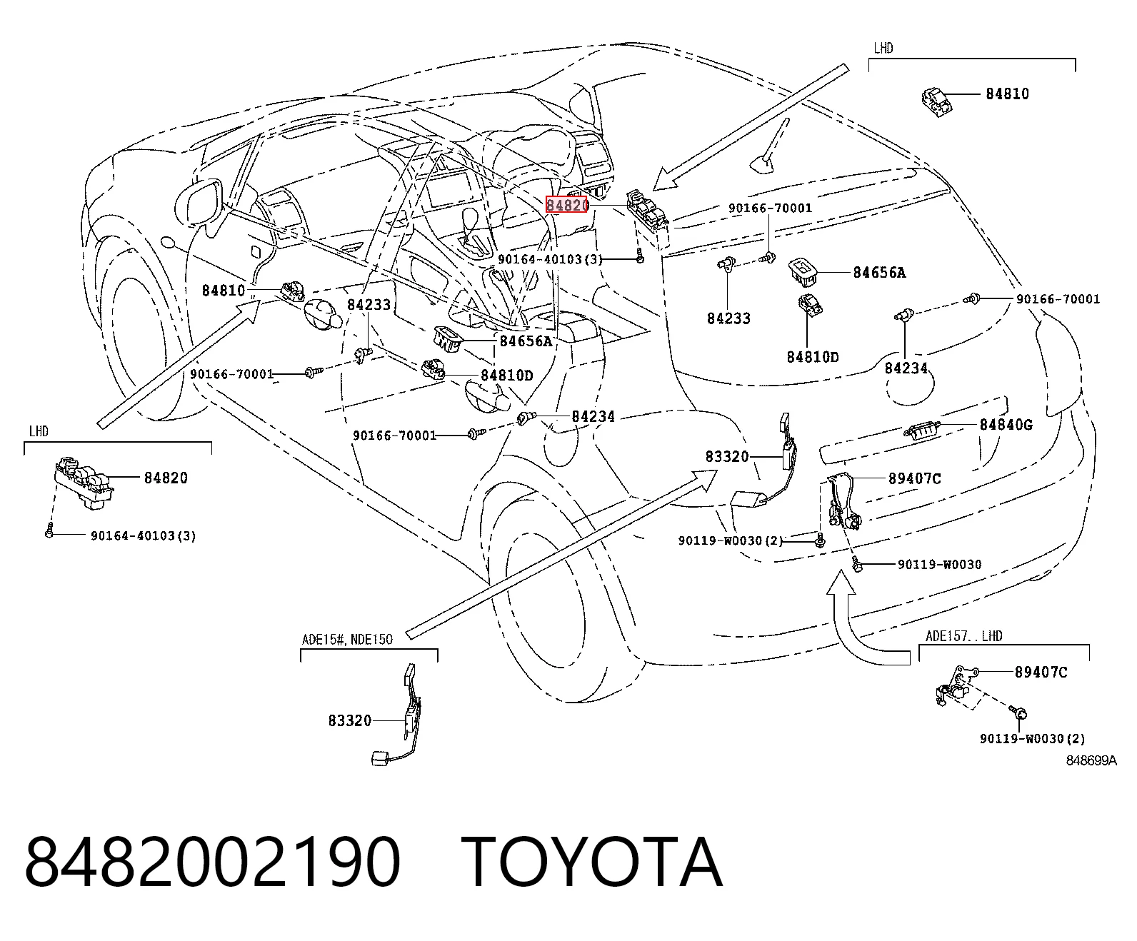 8482002190 Toyota Unidade de botões dianteira esquerda de controlo de elevador de vidro