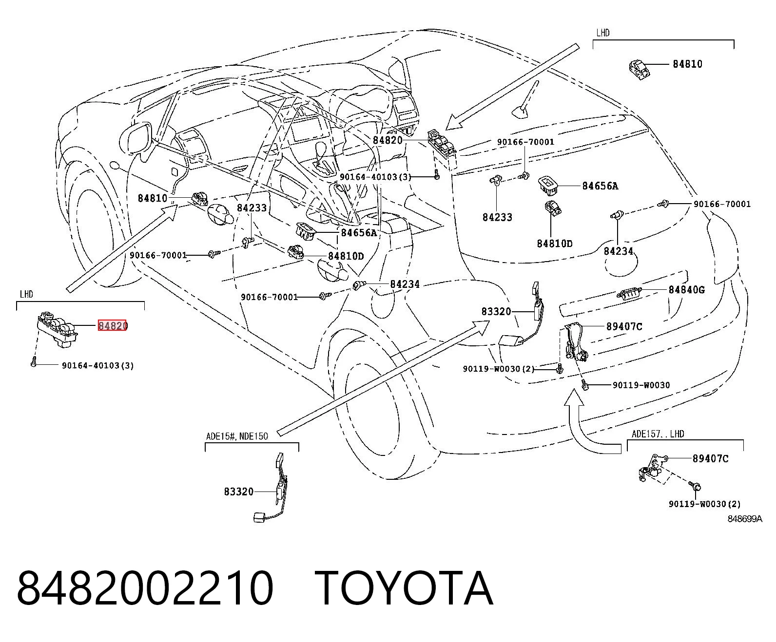 8482002210 Toyota Unidade de botões dianteira esquerda de controlo de elevador de vidro