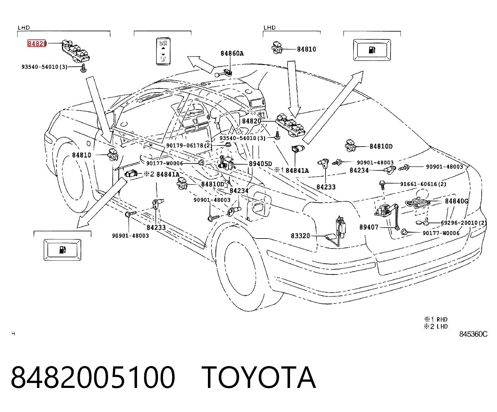 8482005100 Toyota Unidade de botões dianteira esquerda de controlo de elevador de vidro