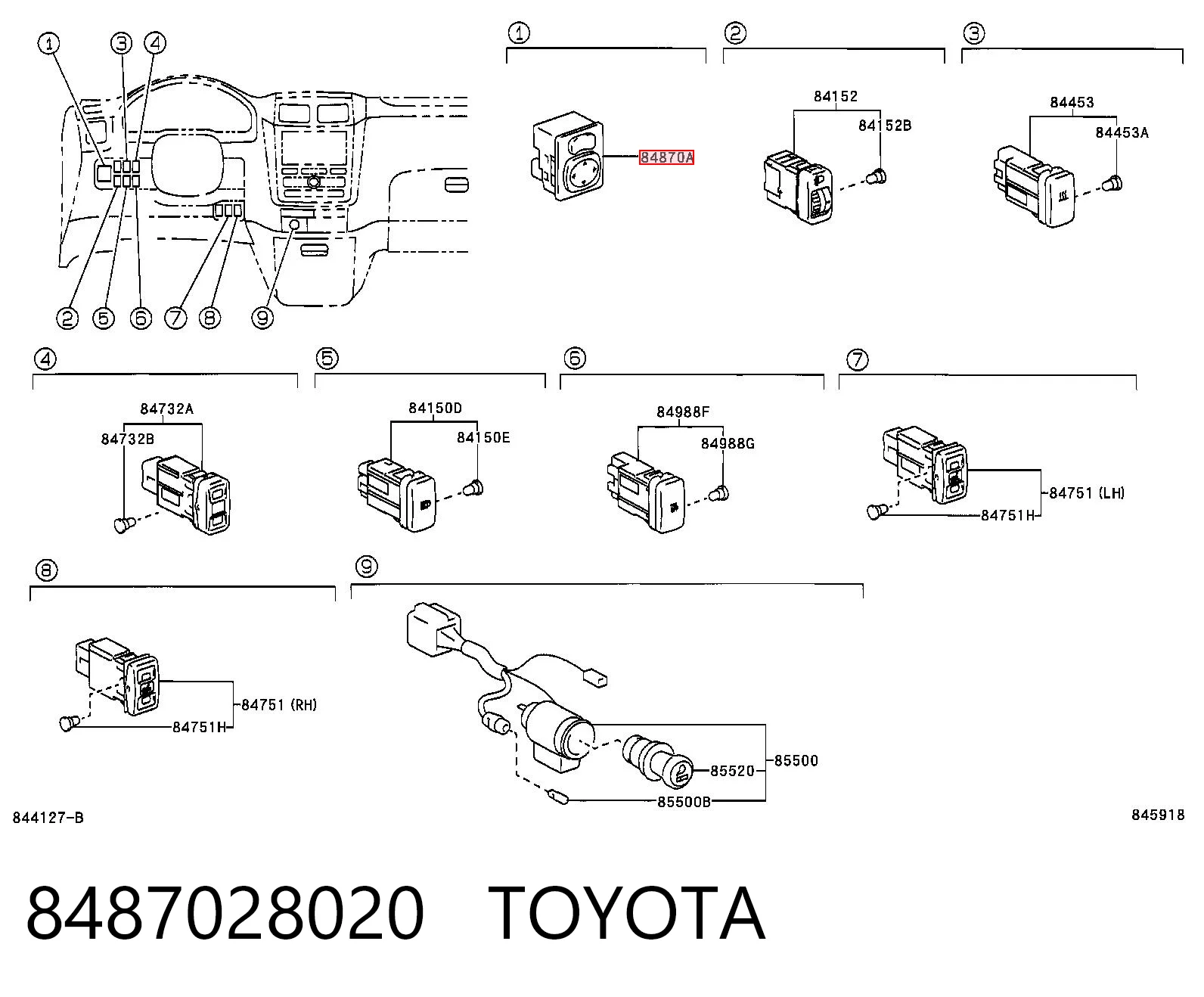 8487028020 Toyota Unidade de controlo dos espelhos de retrovisão, na porta