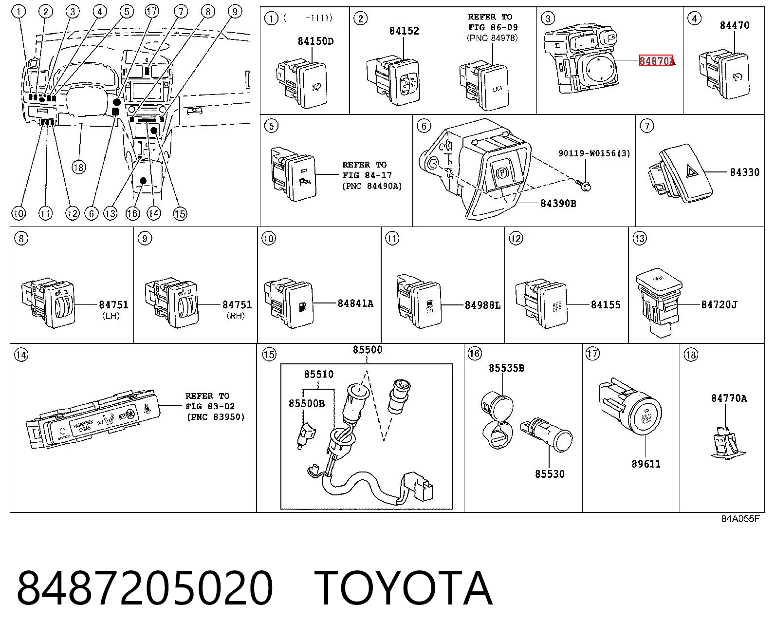 8487205020 Toyota Unidade de controlo dos espelhos de retrovisão, no painel de instrumentos