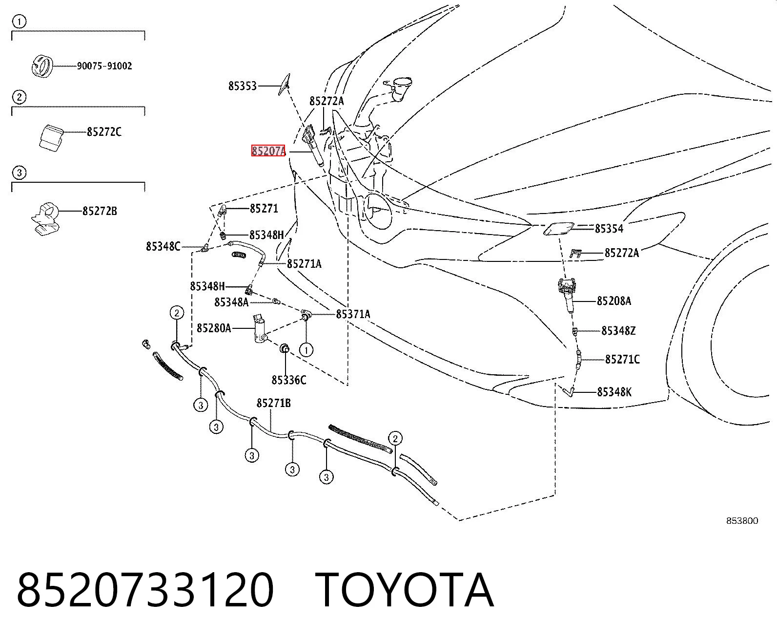 8520733120 Toyota Suporte do injetor de fluido para lavador das luzes (cilindro de elevação)