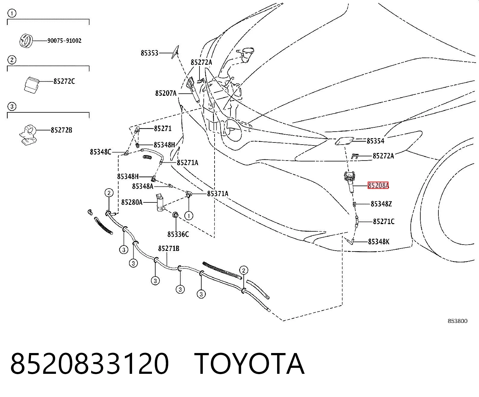 8520833120 Toyota Suporte do injetor de fluido para lavador das luzes (cilindro de elevação)