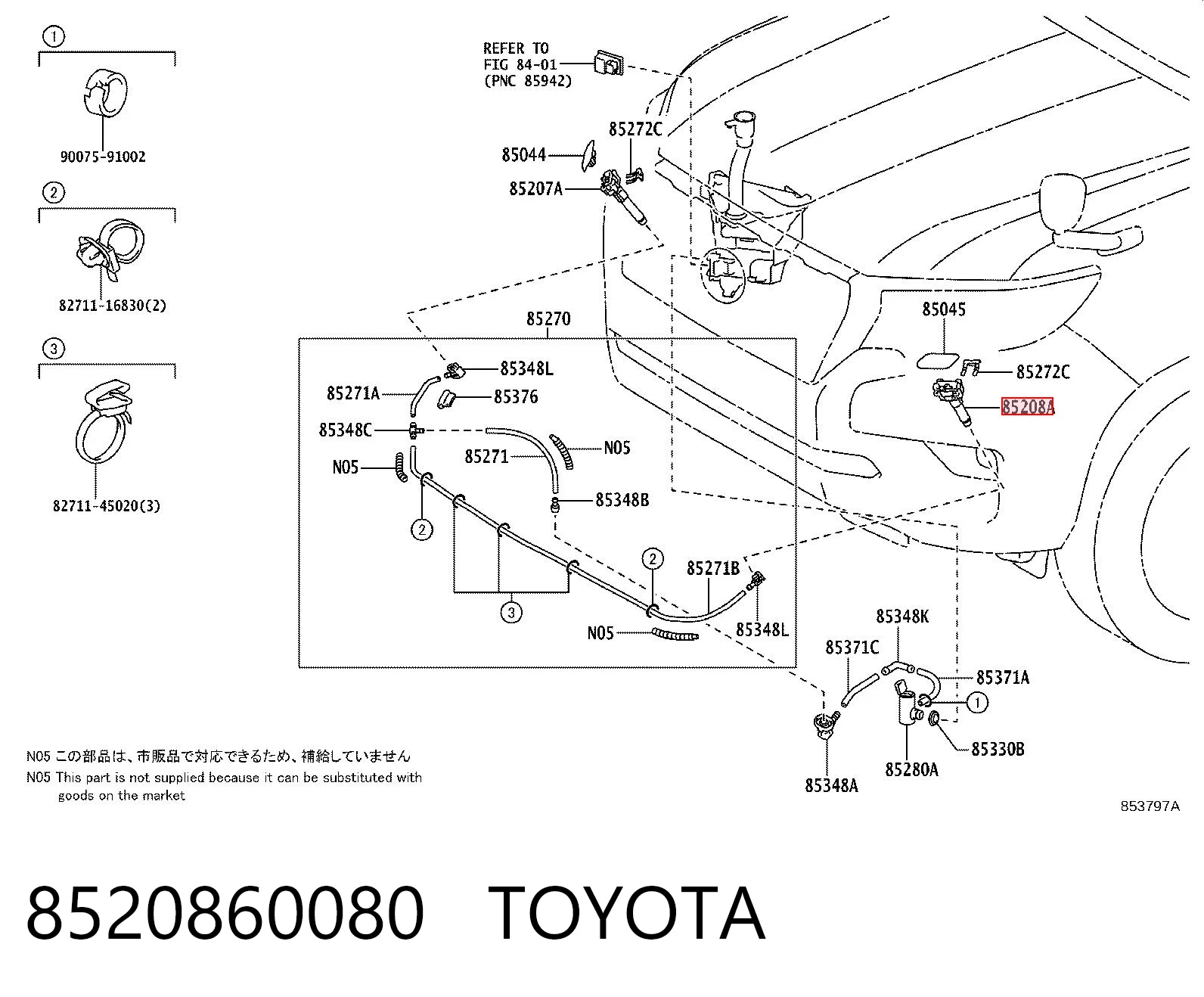 8520860080 Toyota Injetor de fluido para lavador da luz dianteira esquerda