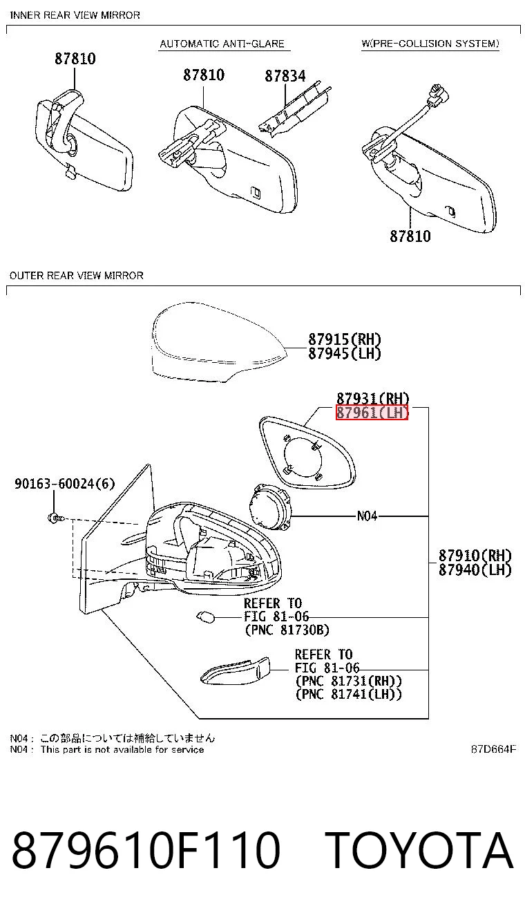 879610F110 Toyota Elemento espelhado do espelho de retrovisão esquerdo