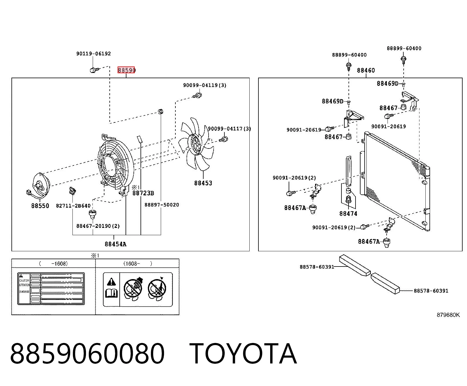 8859060080 Toyota Ventilador elétrico de aparelho de ar condicionado montado (motor + roda de aletas)