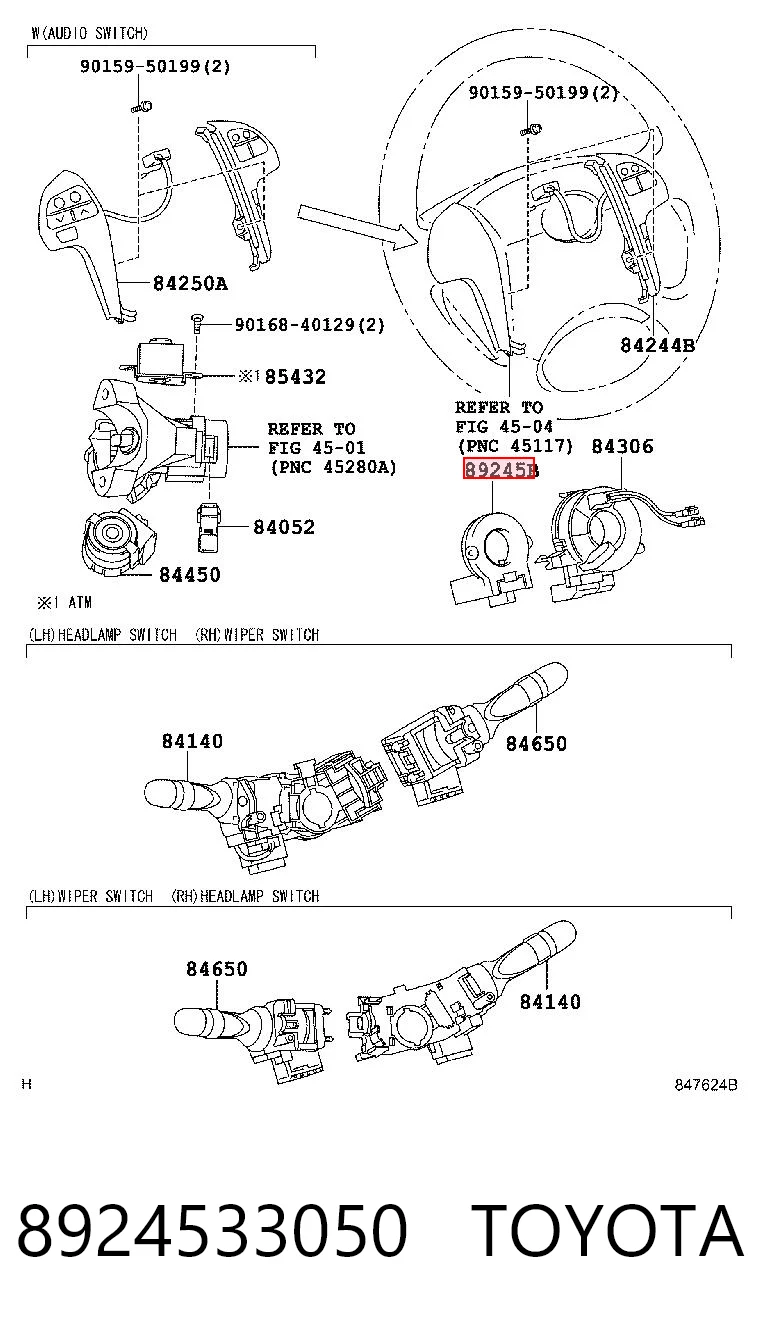 8924533050 Toyota Sensor do ângulo de viragem do volante de direção