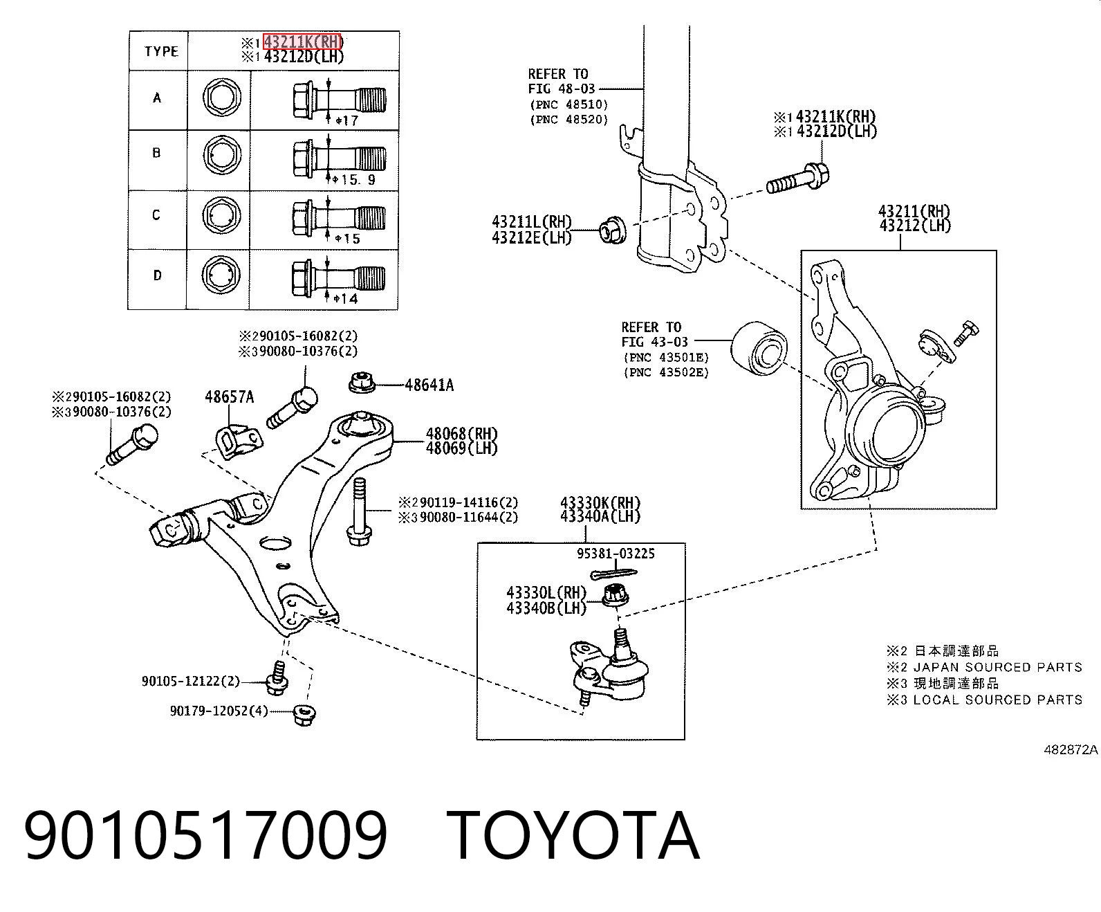 9010517009 Toyota Parafuso de fixação de amortecedor dianteiro