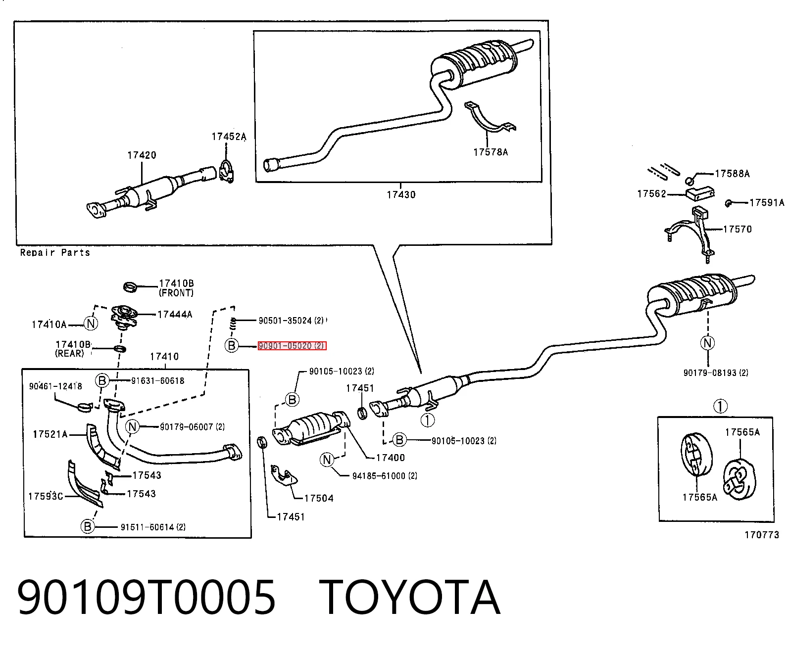 90109T0005 Toyota Parafuso do sistema de escape (do silenciador)
