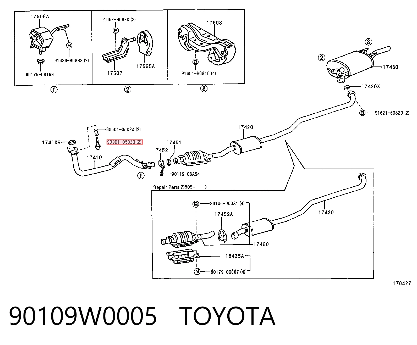 90109W0005 Toyota Parafuso do sistema de escape (do silenciador)