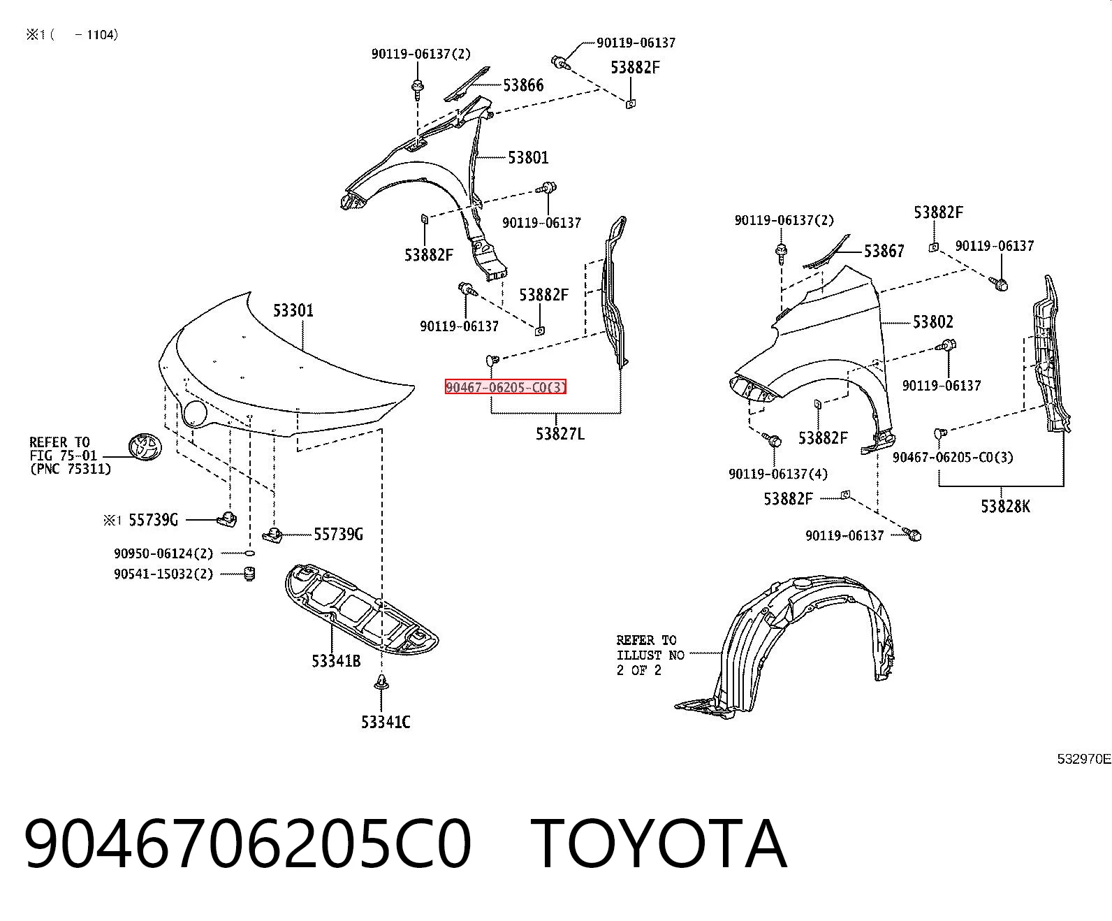 9046706205C0 Toyota Cápsula (prendedor) de fixação do forro do pára-choque do pára-lama dianteiro
