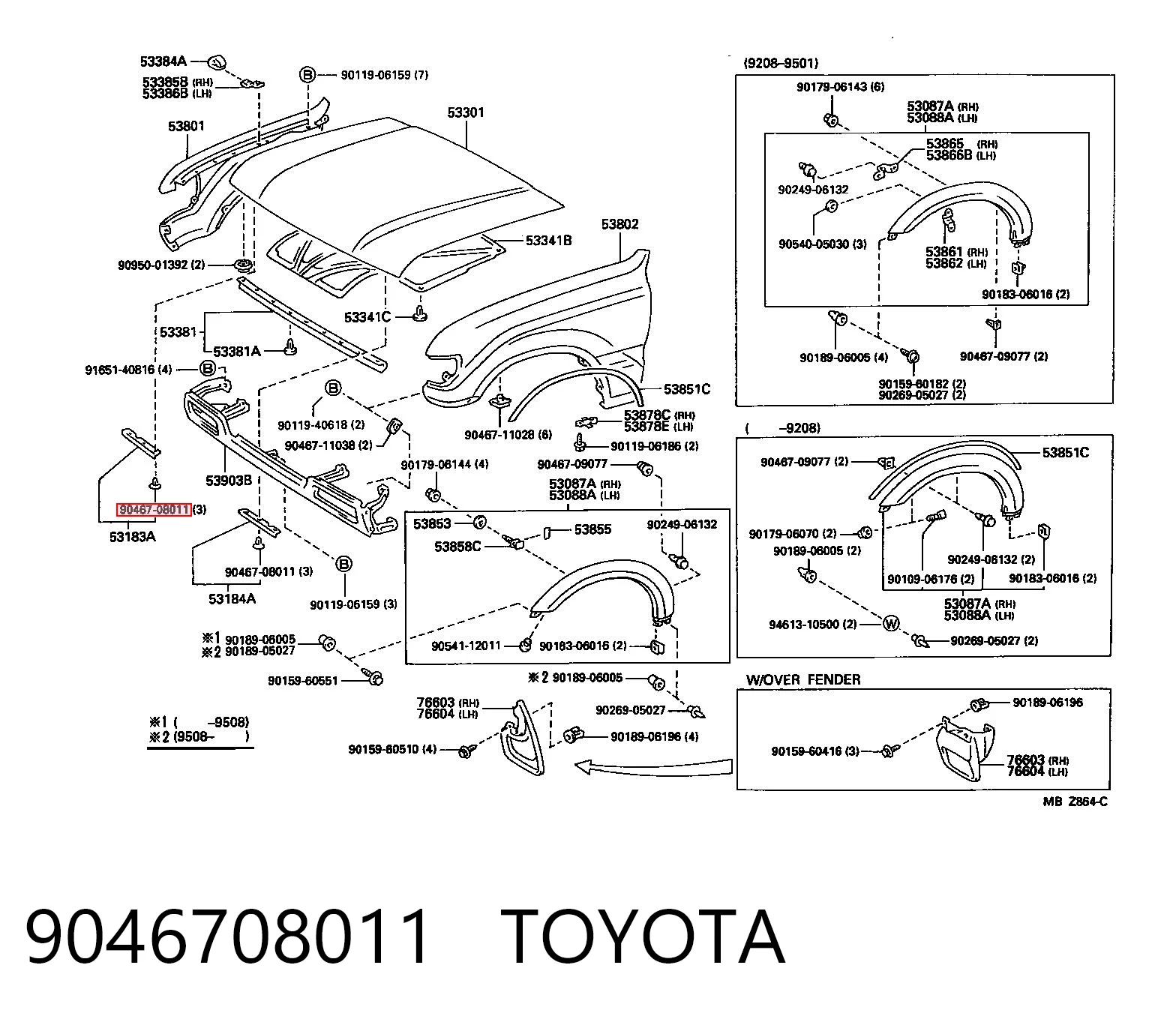 9046708011 Toyota Cápsula (prendedor) de fixação do forro do pára-choque do pára-lama dianteiro