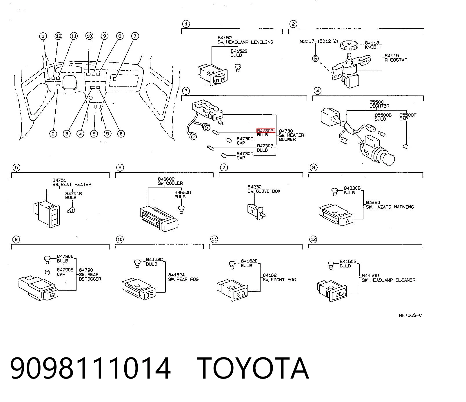 9098111014 Toyota Lâmpada de quebra-luz de iluminação de salão/de cabina