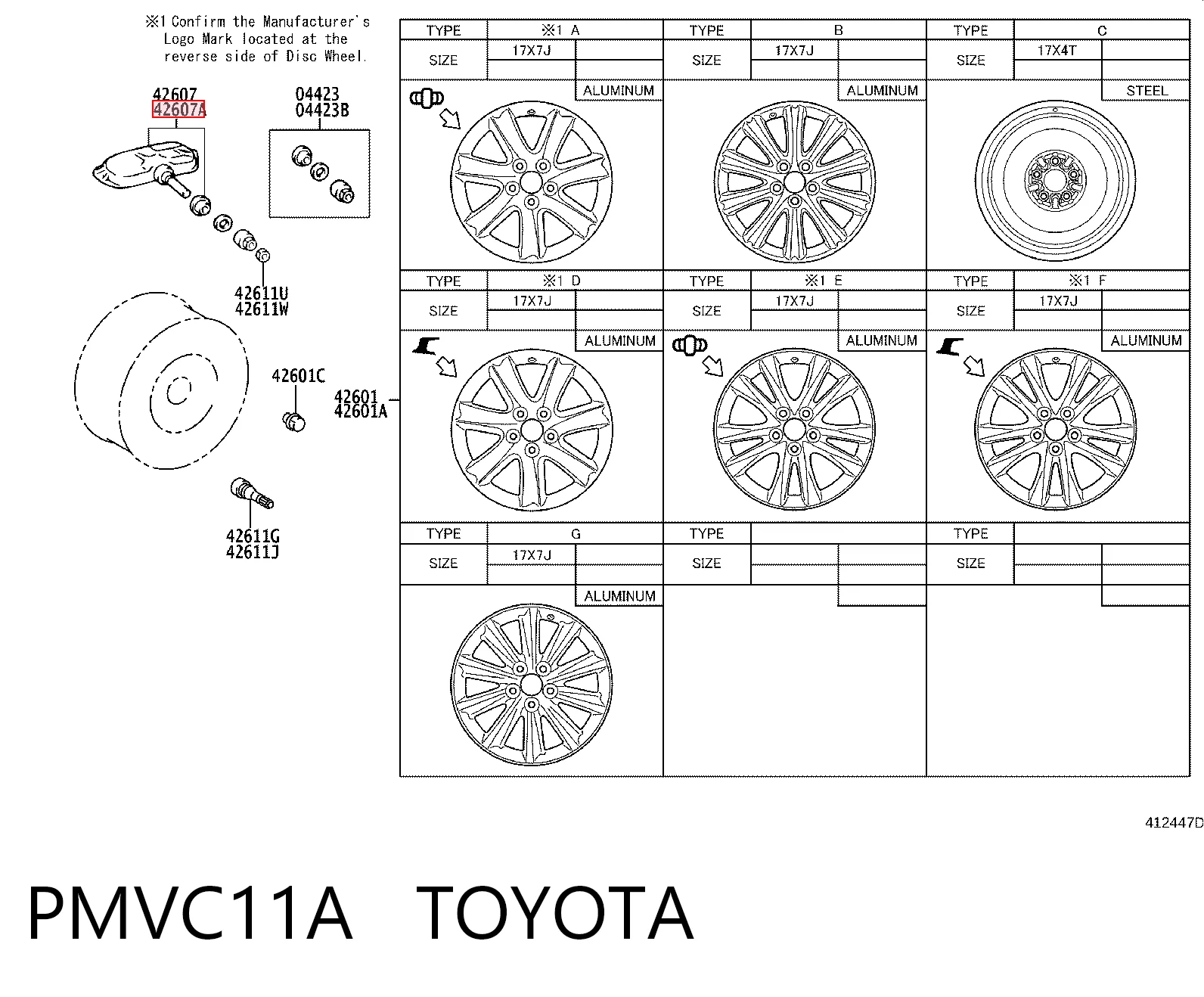PMVC11A Toyota Sensor de pressão de ar nos pneus
