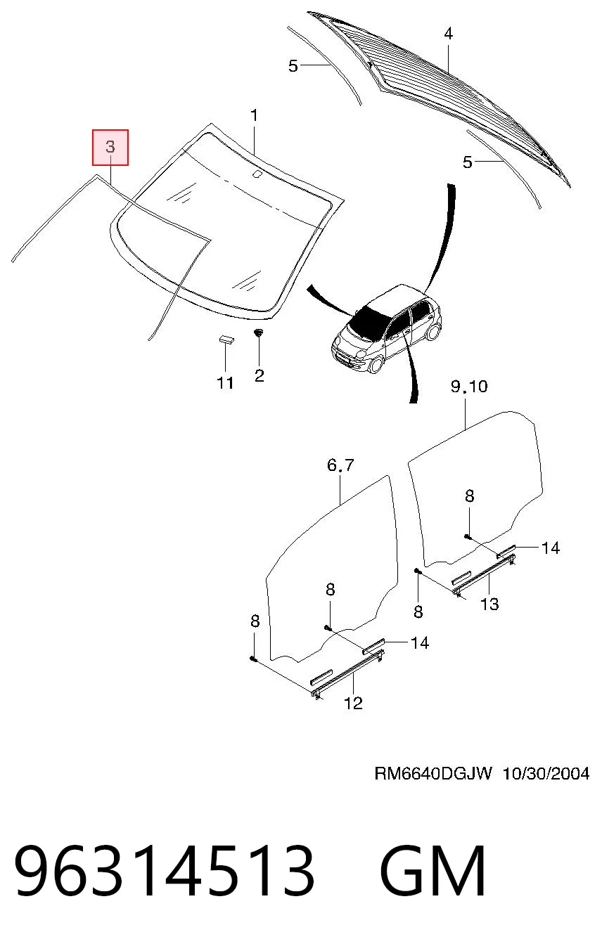 Moldura de pára-brisas para Daewoo Matiz KLYA