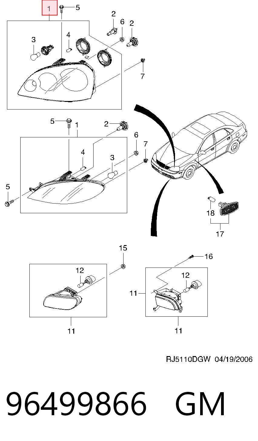 Luz direita para Chevrolet Lacetti  J200