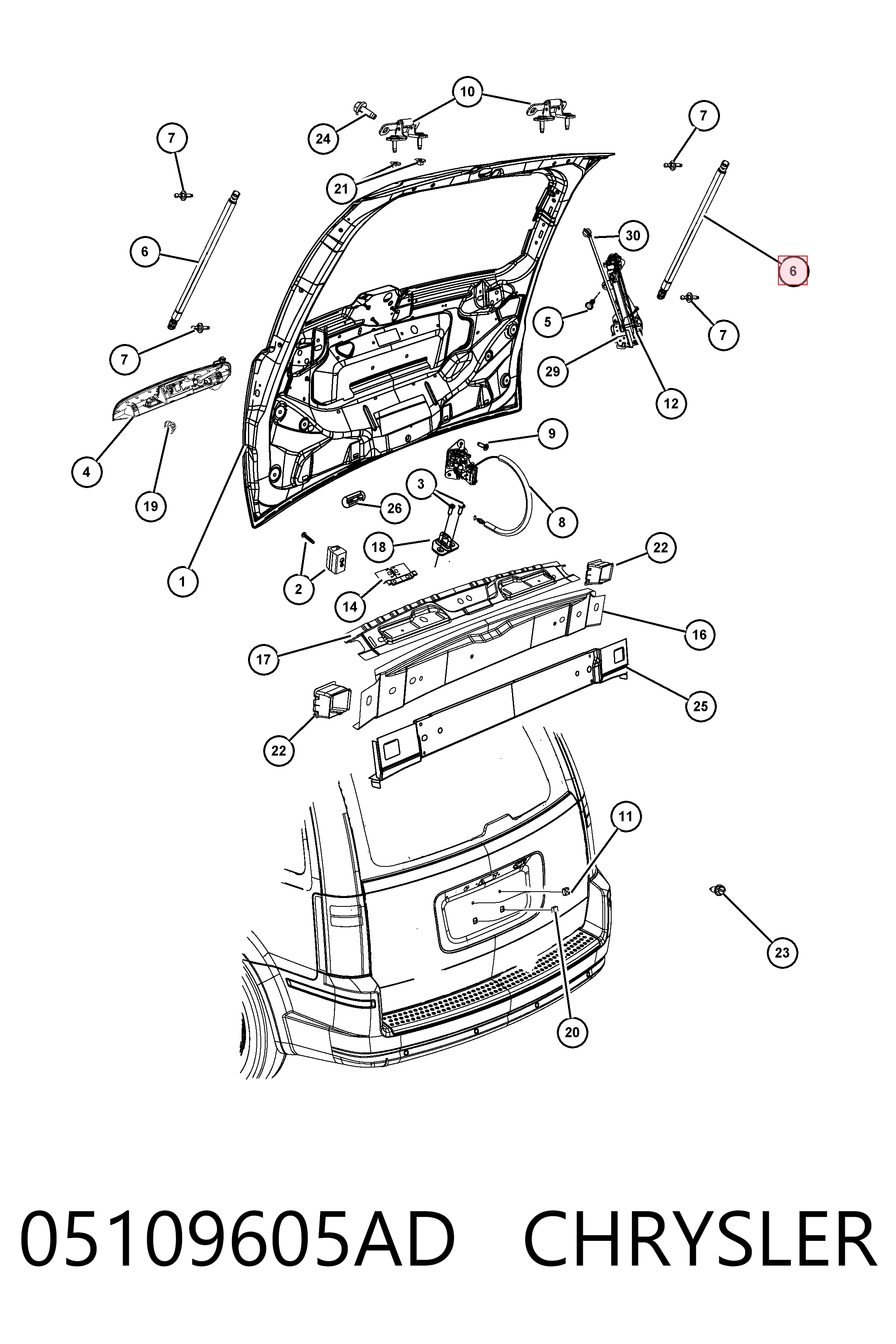 Amortecedor de tampa de porta-malas (de 3ª/5ª porta traseira) K05109604AD Fiat/Alfa/Lancia