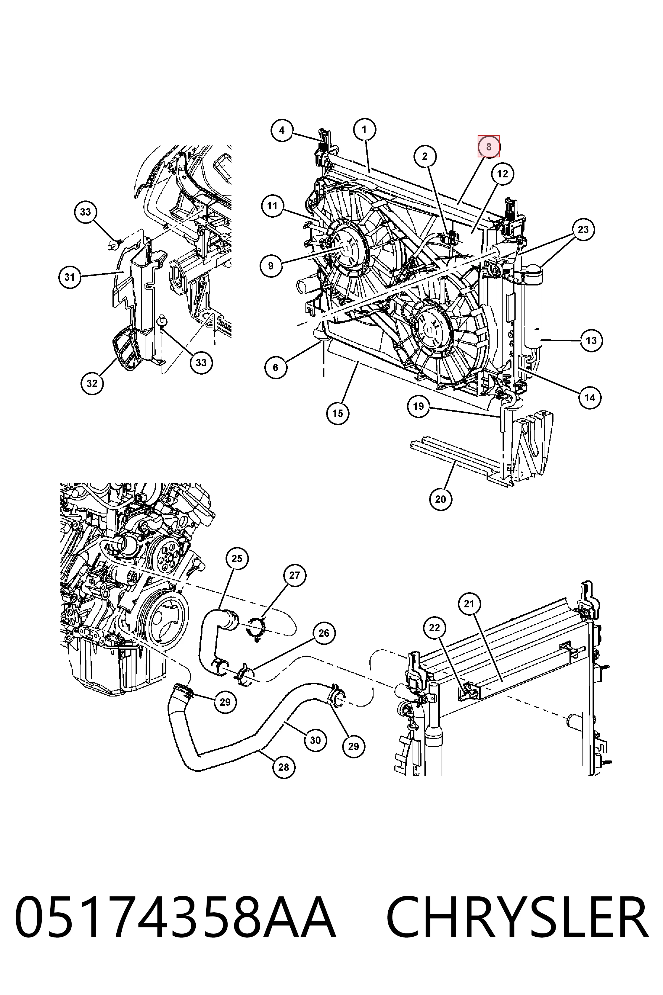 05174358AA Chrysler Difusor do radiador de esfriamento, montado com motor e roda de aletas