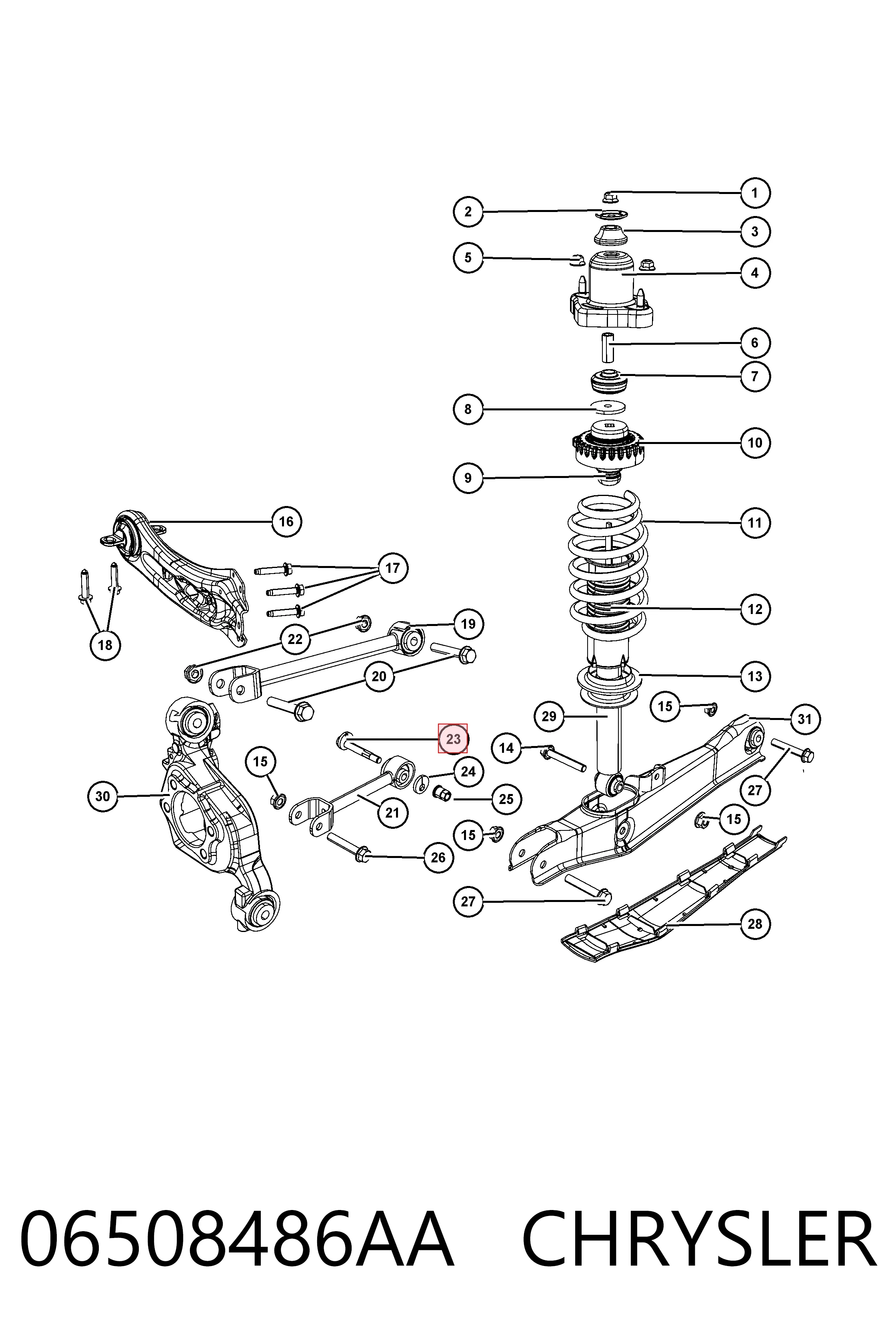 06508486AA Chrysler Parafuso de fixação do braço oscilante inferior traseiro, interno