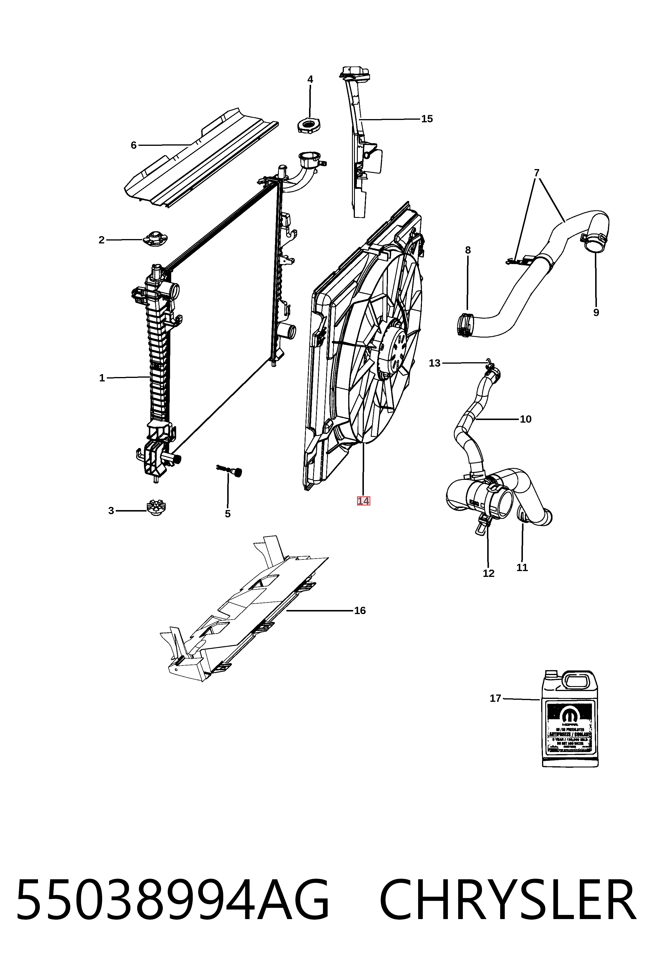 Difusor do radiador de esfriamento, montado com motor e roda de aletas K55038994AF Fiat/Alfa/Lancia