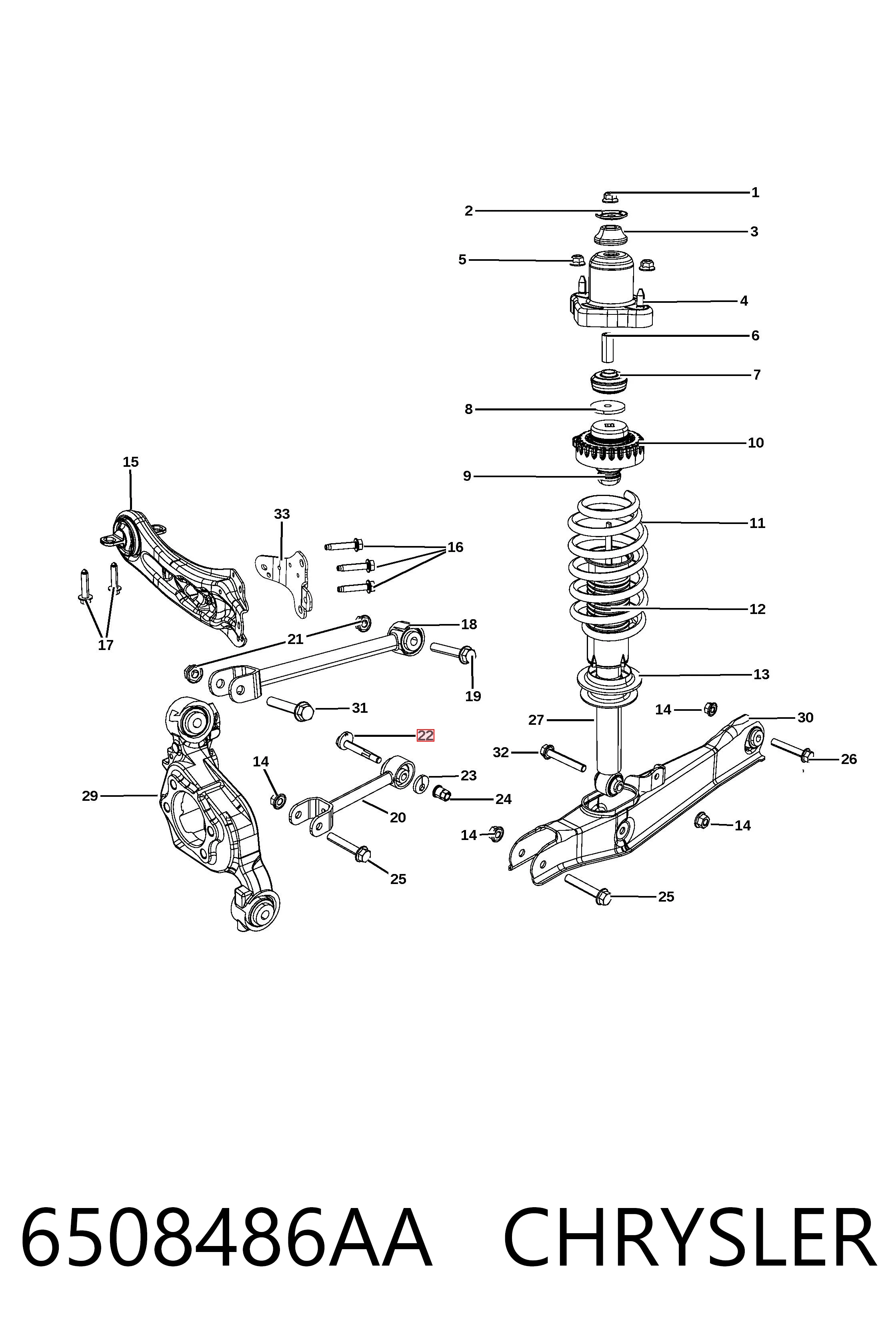 6508486AA Chrysler Parafuso de fixação do braço oscilante inferior traseiro, interno