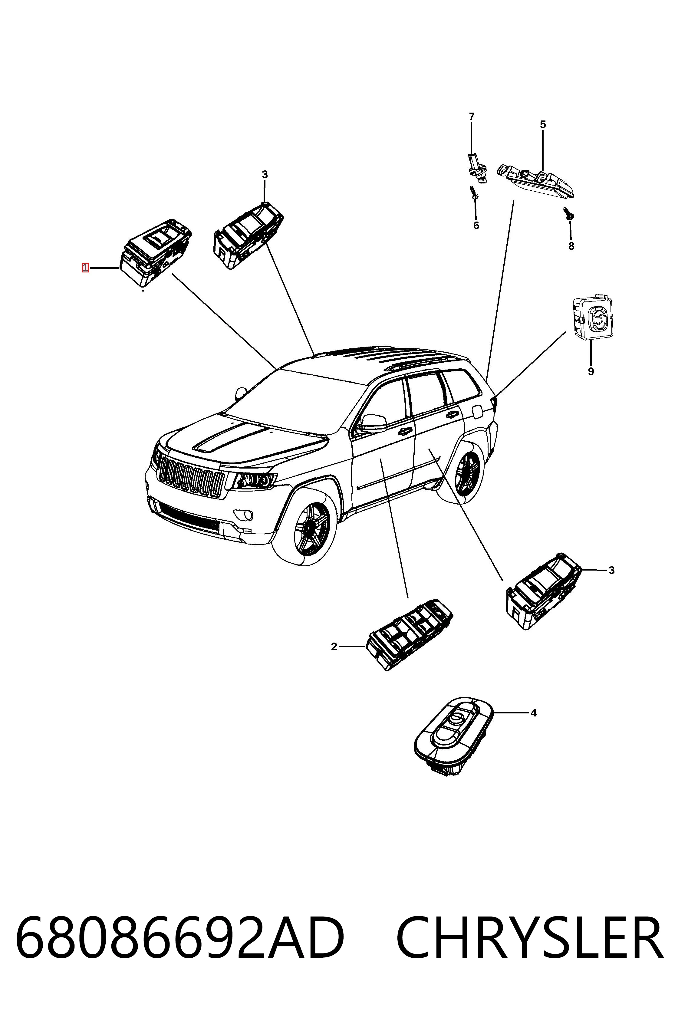 68086692AD Chrysler Unidade de botões dianteira esquerda de controlo de elevador de vidro
