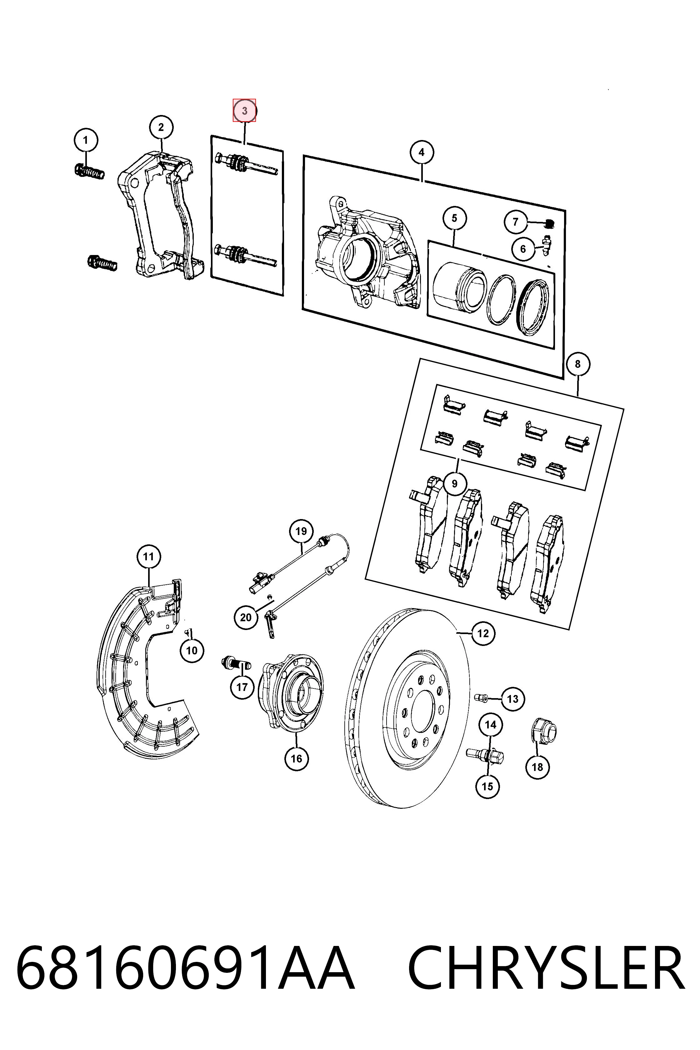 68160691AA Chrysler Kit de reparação de suporte do freio dianteiro
