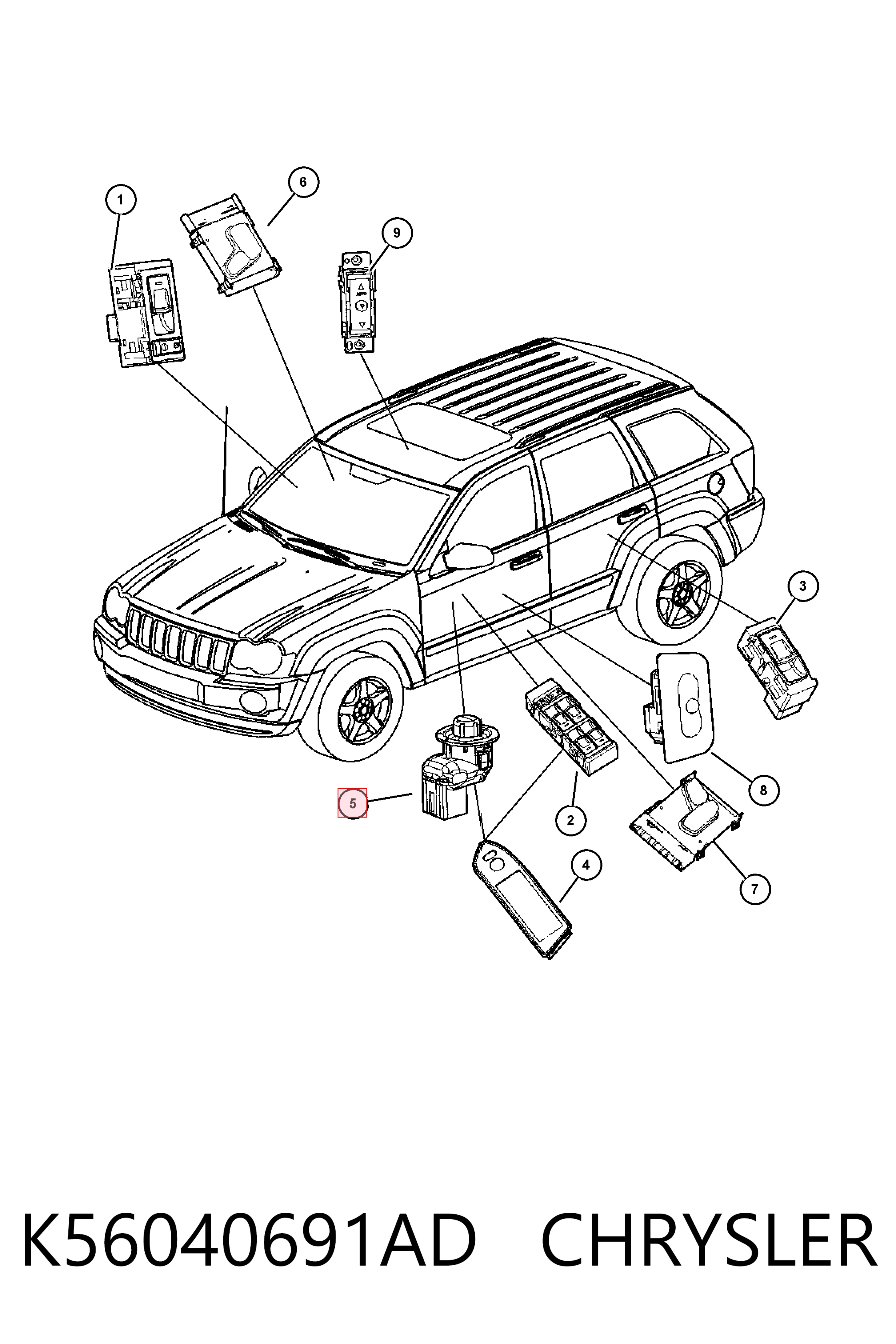 Compre K04602789AA Fiat/Alfa/Lancia Unidade de botões dianteira esquerda de controlo de elevador de vidro