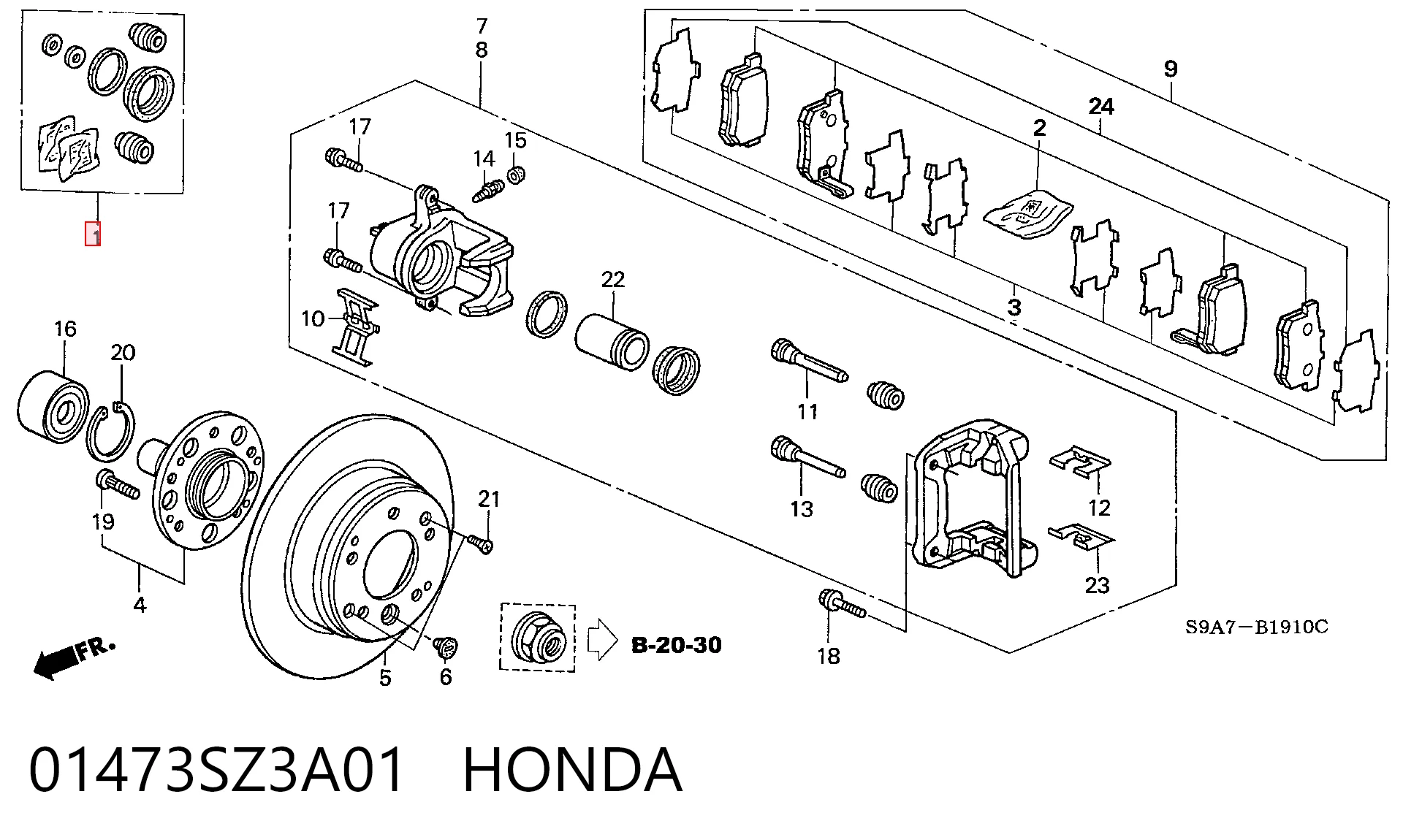 01473SZ3A01 Honda Kit de reparação de suporte do freio traseiro