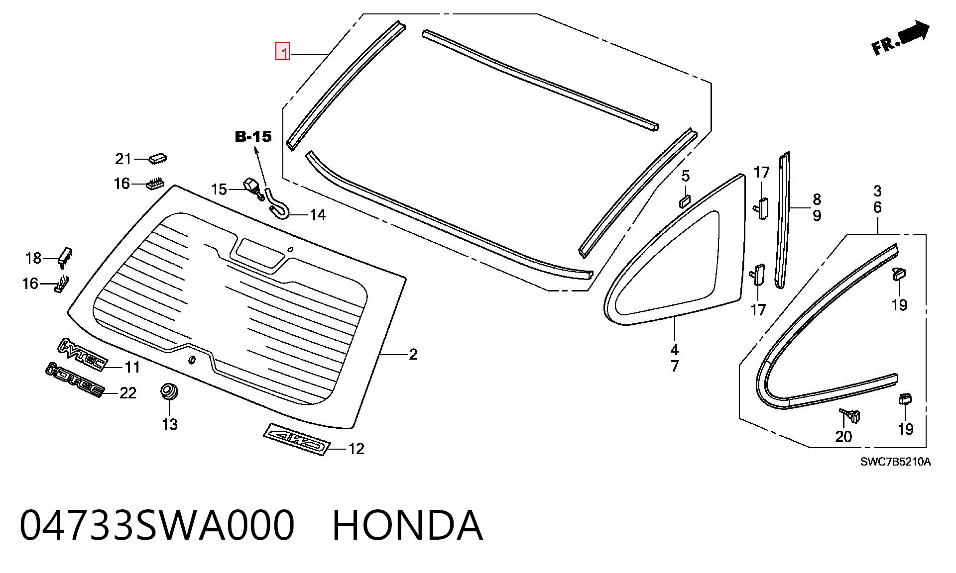 04733SWA000 Honda Moldura de vidro traseiro