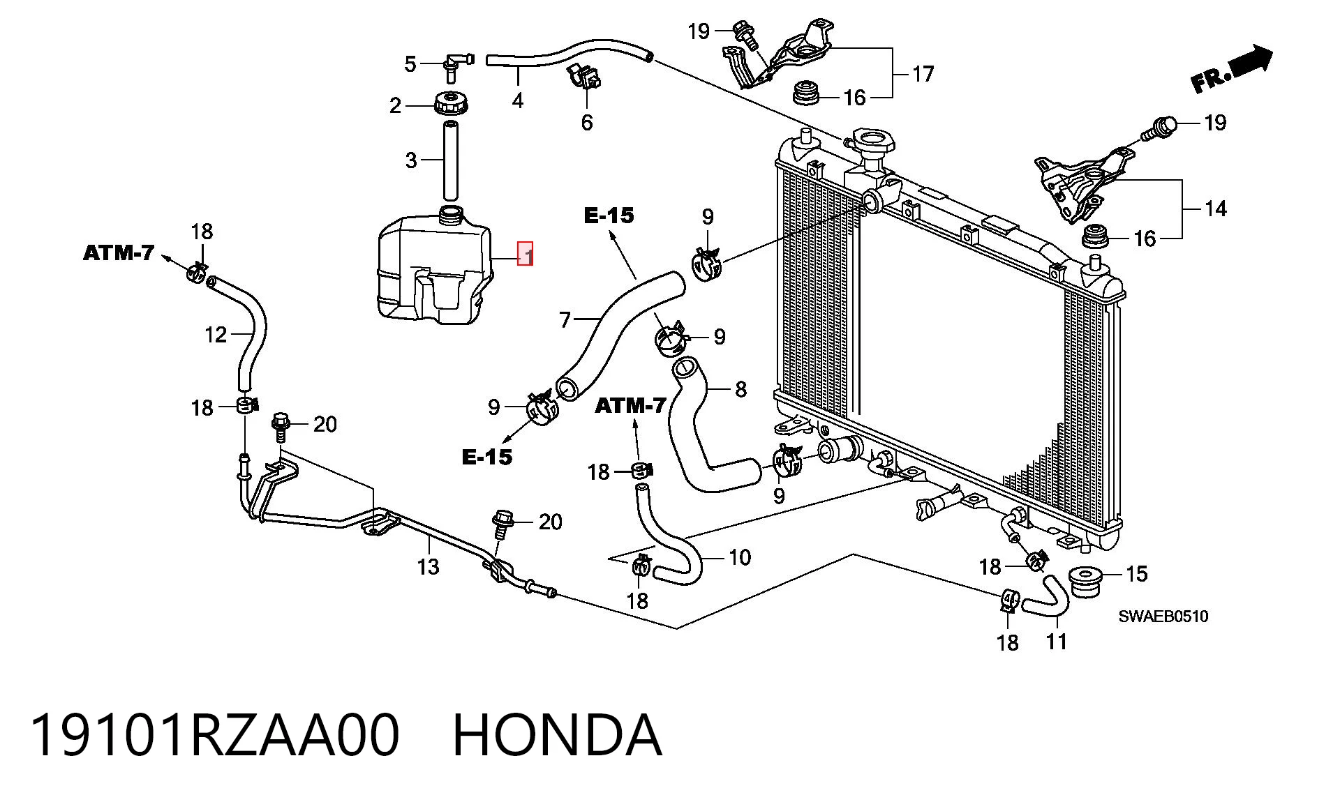 19101RZAA00 Honda Tanque de expansão do sistema de esfriamento