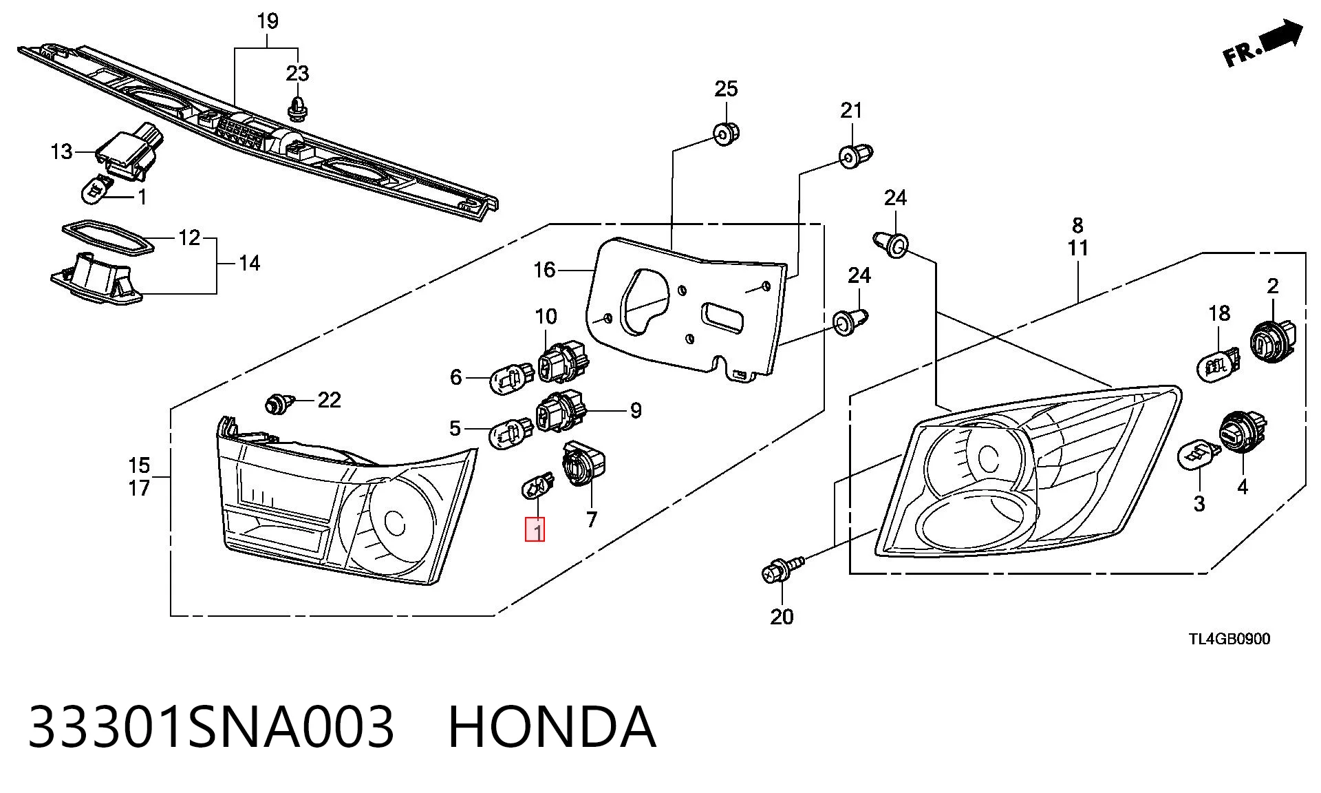 33301SNA003 Honda Lâmpada de quebra-luz de iluminação de salão/de cabina
