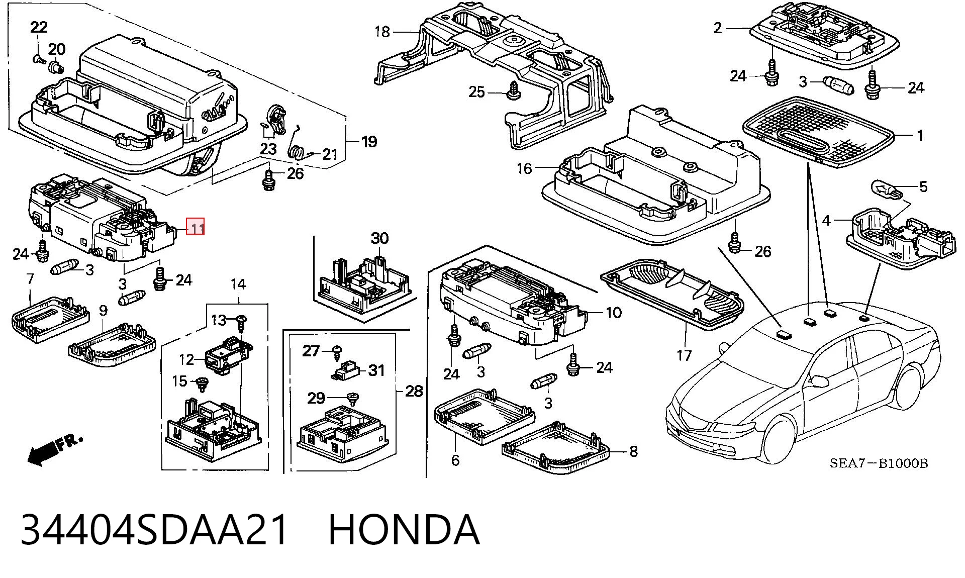 34404SDAA21 Honda Vidro de quebra-luz de iluminação de salão (de cabina)