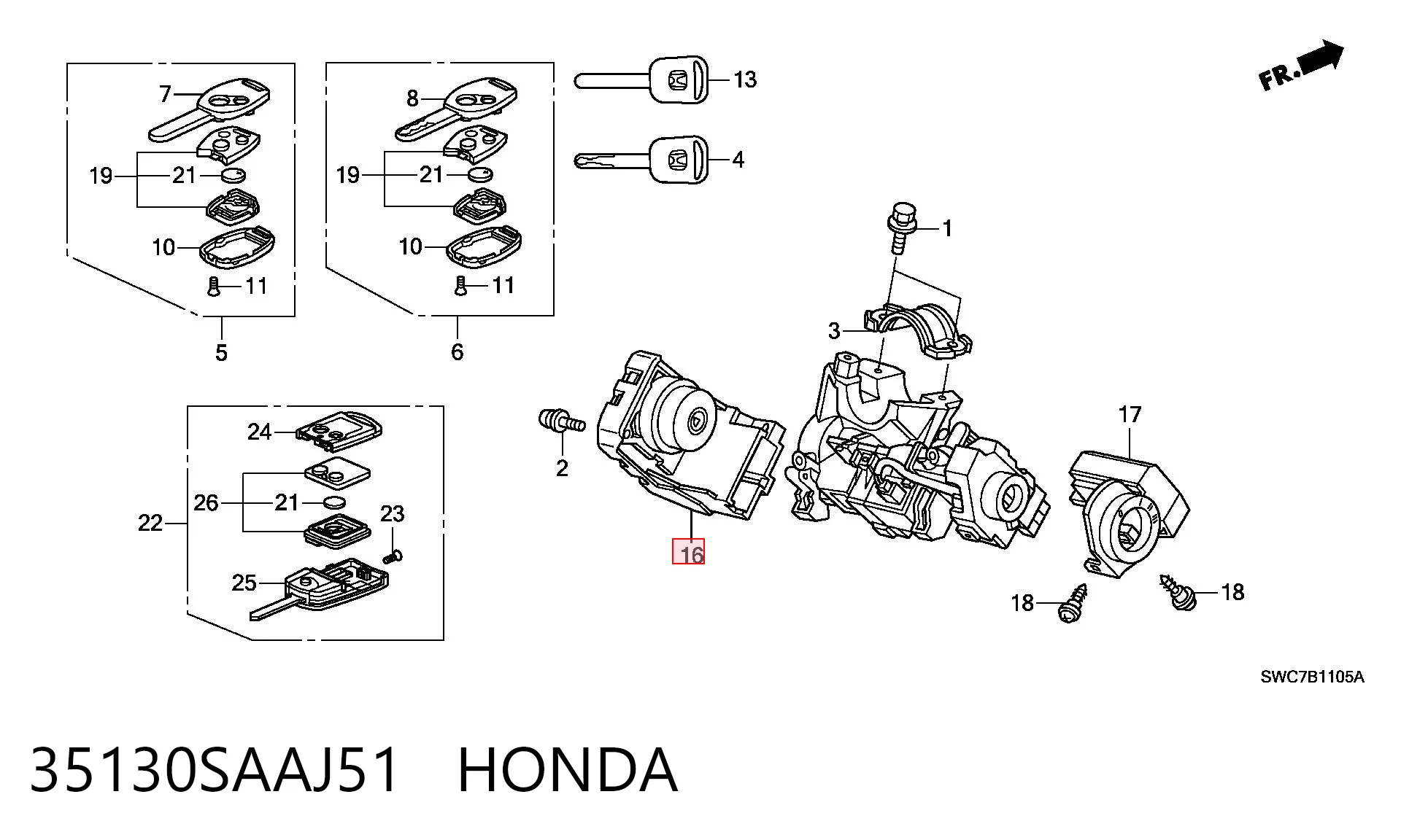 35130SAAJ51 Honda Grupo de contato de fecho de ignição