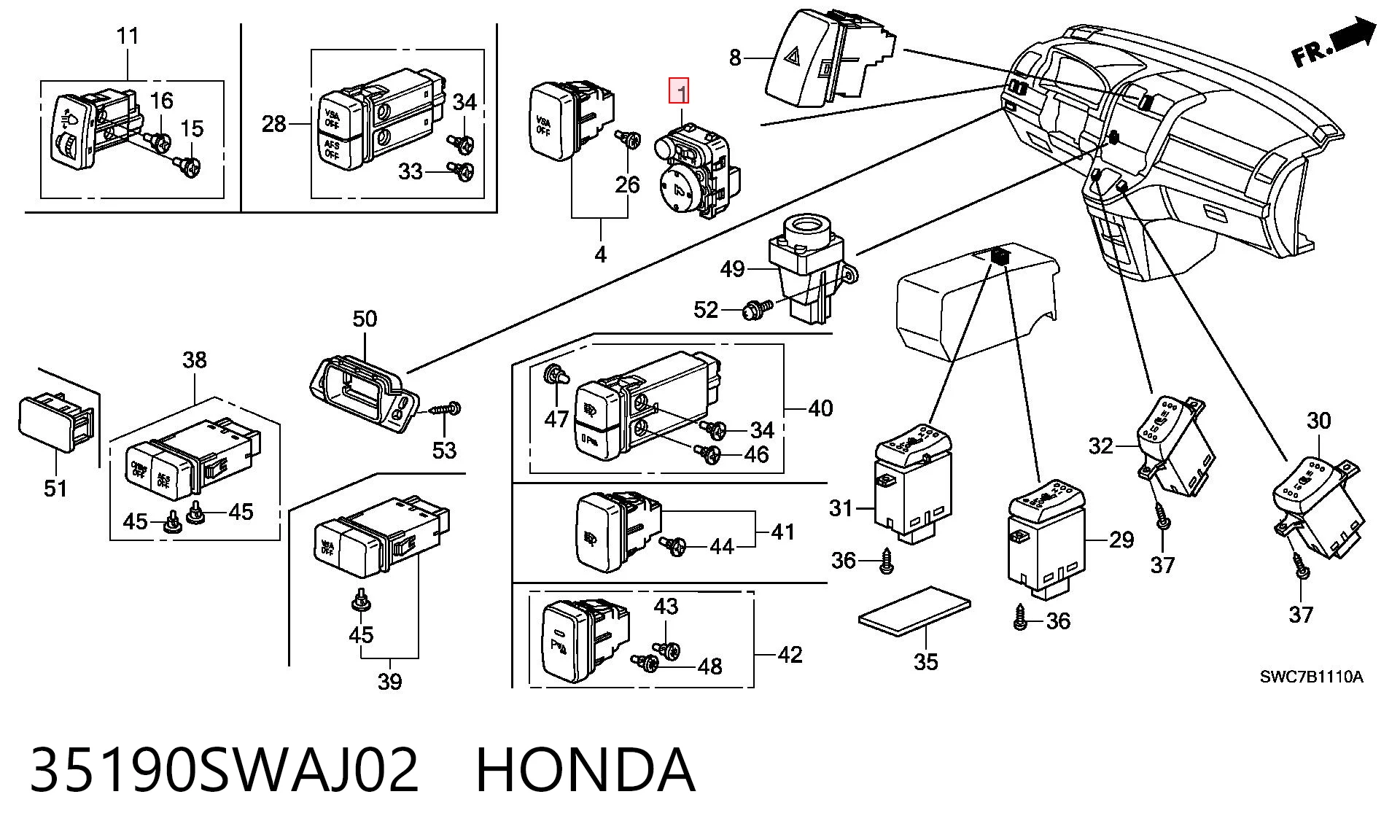 35190SWAJ02 Honda Unidade de controlo dos espelhos de retrovisão, no painel de instrumentos