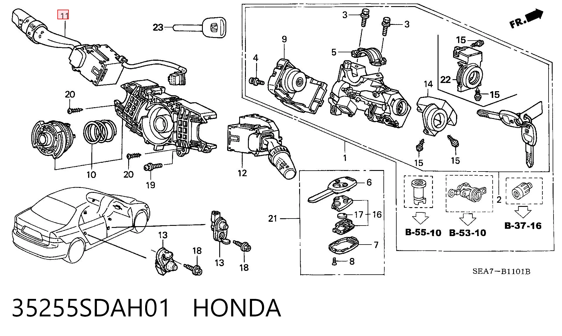 35255SDAH01 Honda Comutador esquerdo instalado na coluna da direção