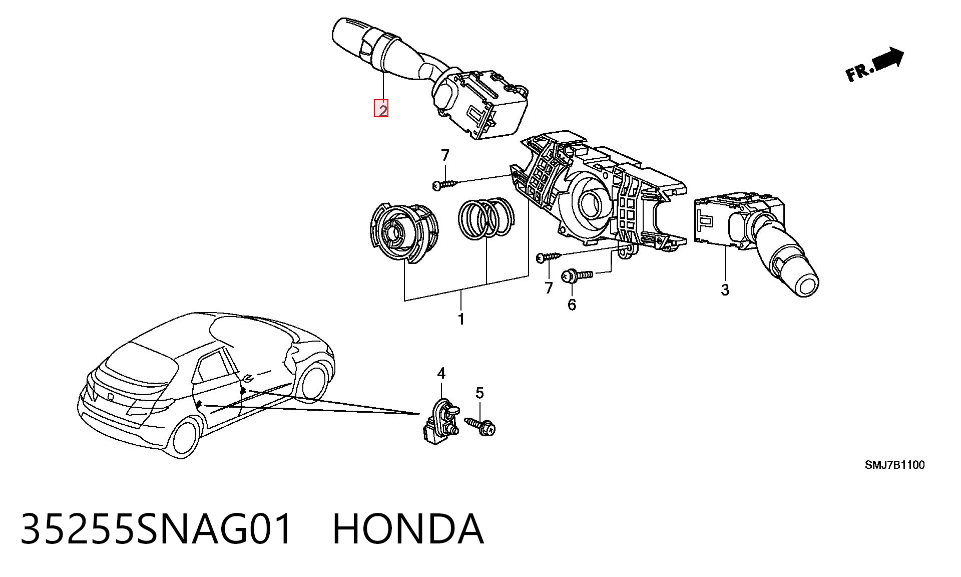 35255SNAG01 Honda Comutador esquerdo instalado na coluna da direção