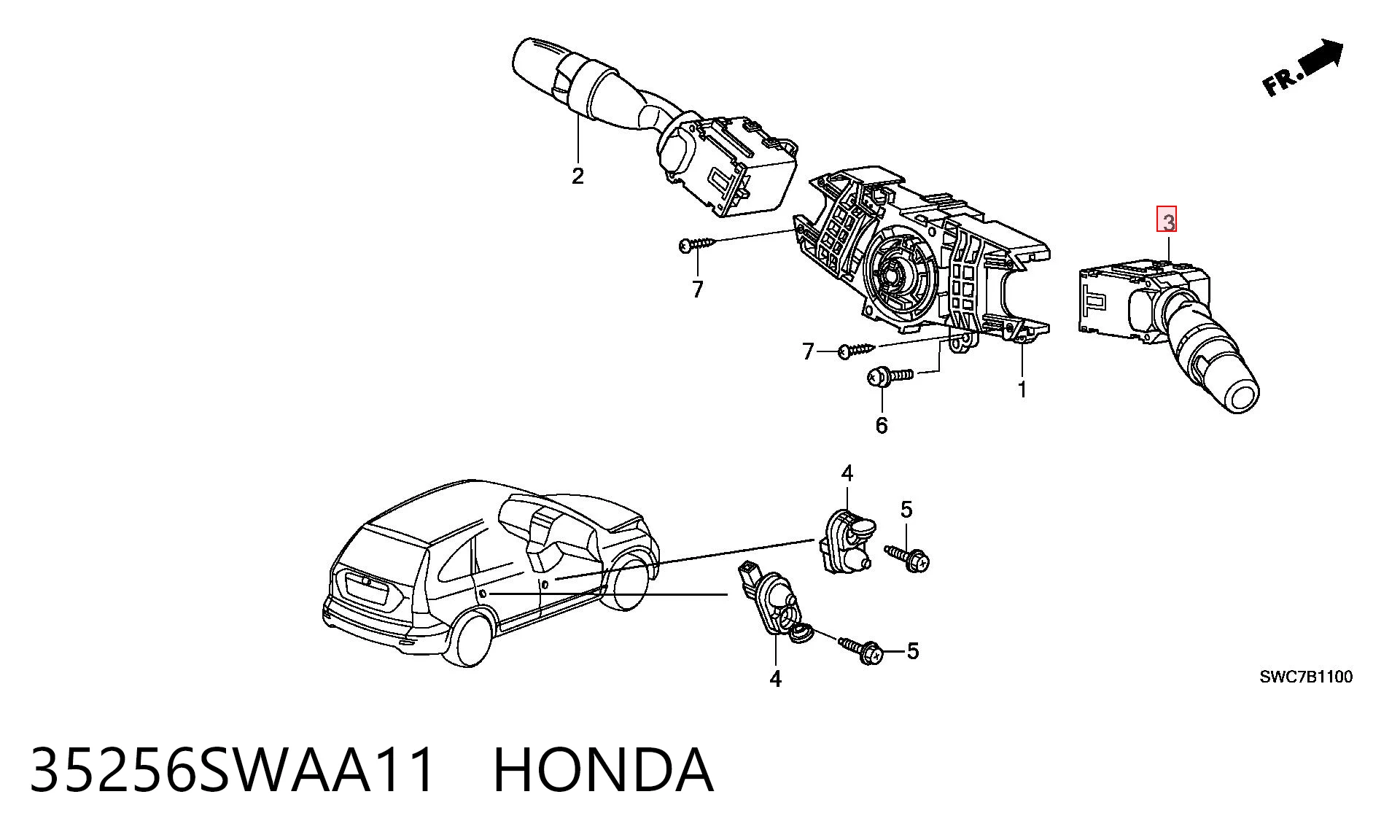 35256SWAA11 Honda Comutador direito instalado na coluna da direção