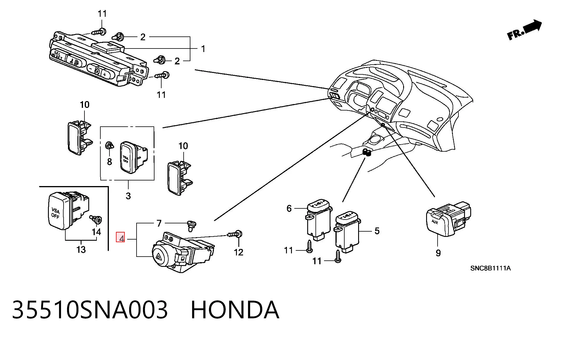 Botão de ativação do sinal de emergência para Honda Civic VIII FD, FA