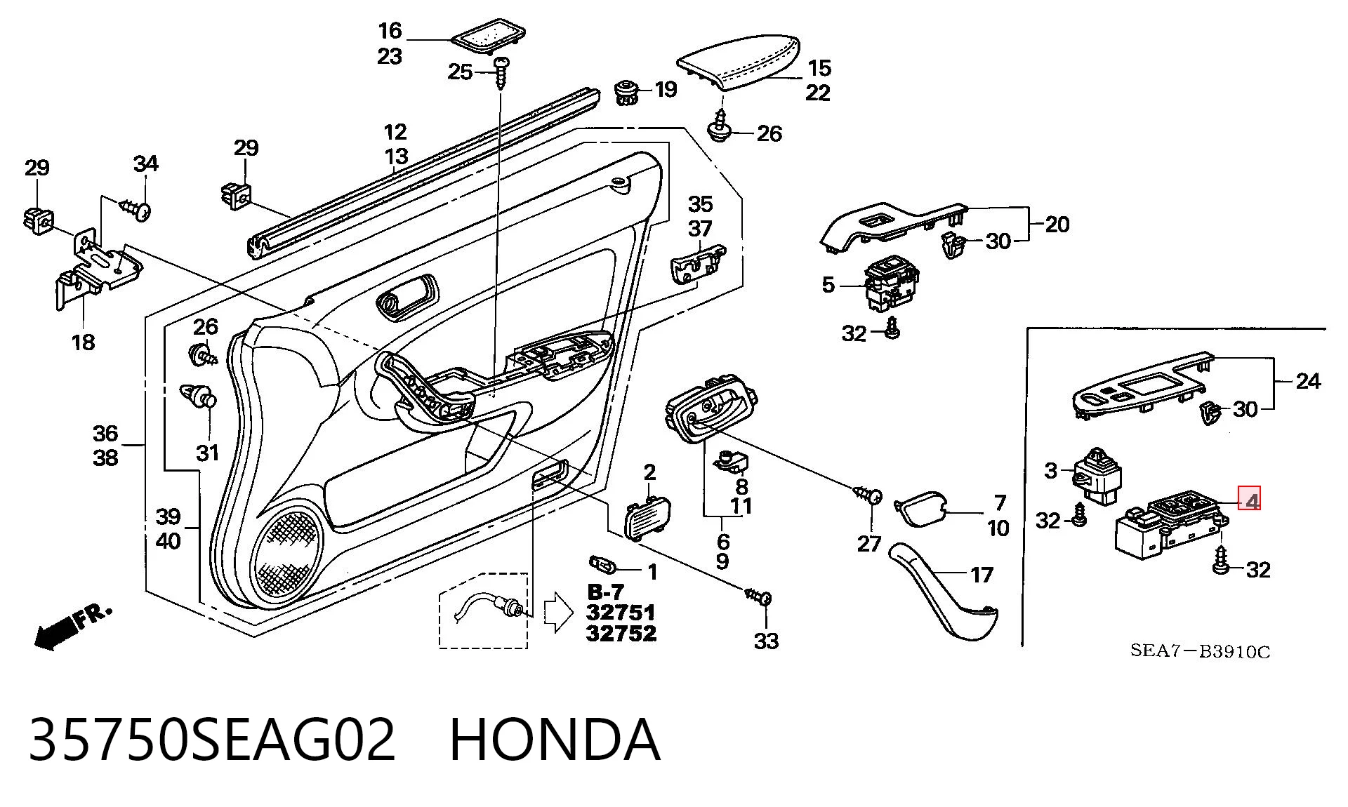 35750SEAG02 Honda Unidade de botões dianteira esquerda de controlo de elevador de vidro