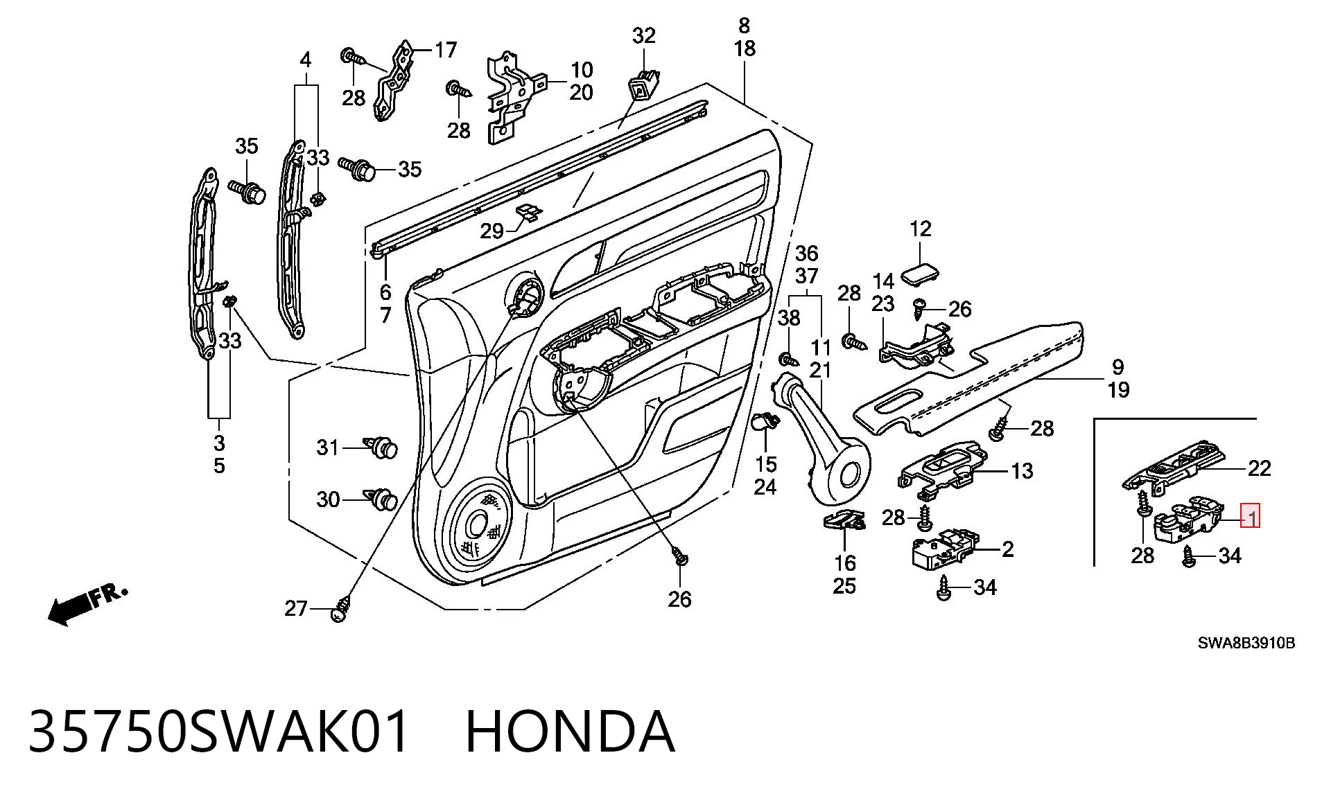 35750SWAK01 Honda Unidade de botões dianteira esquerda de controlo de elevador de vidro