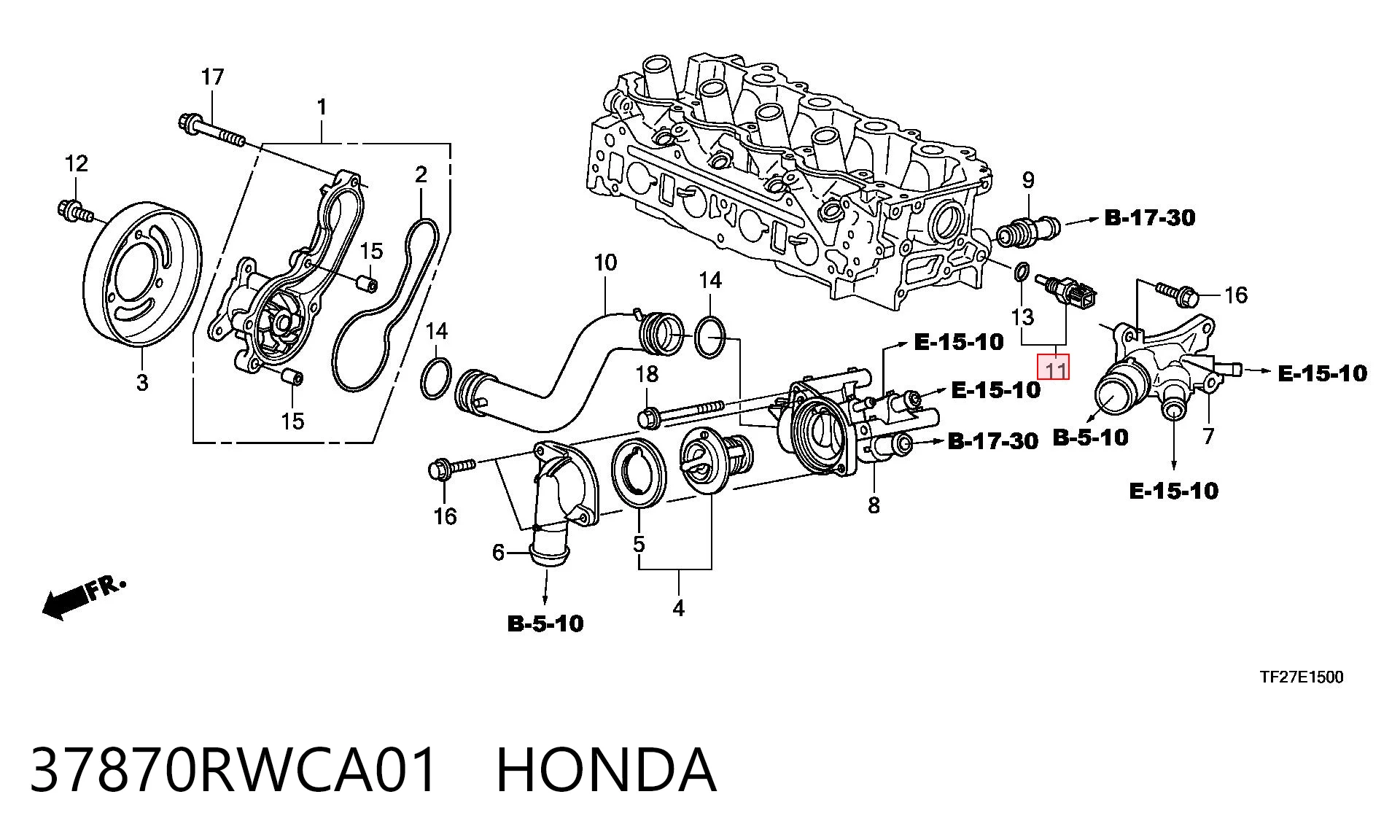 37870RWCA01 Honda Sensor de temperatura do fluido de esfriamento (de ativação de ventilador do radiador)