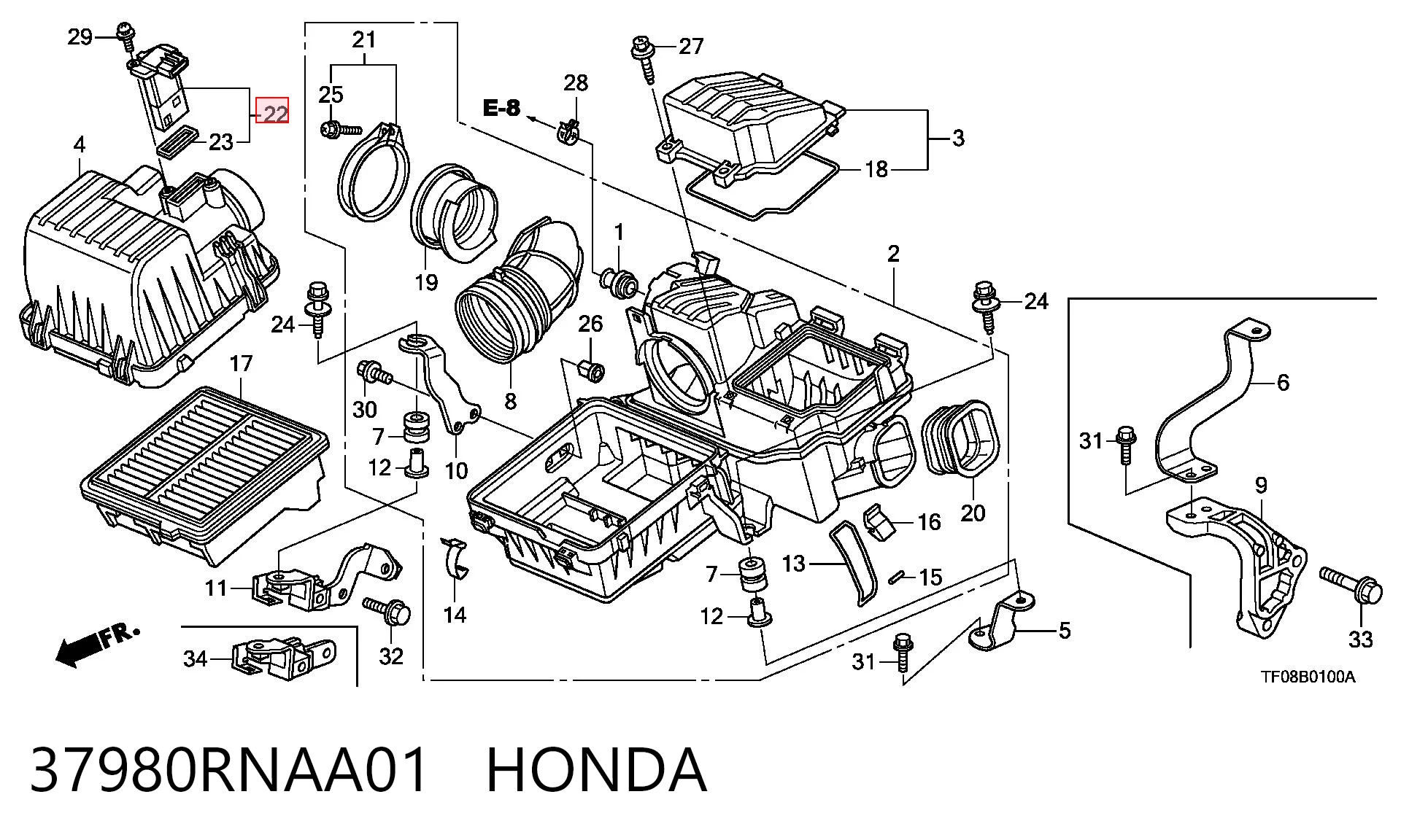 37980RNAA01 Honda Sensor de fluxo (consumo) de ar, medidor de consumo M.A.F. - (Mass Airflow)