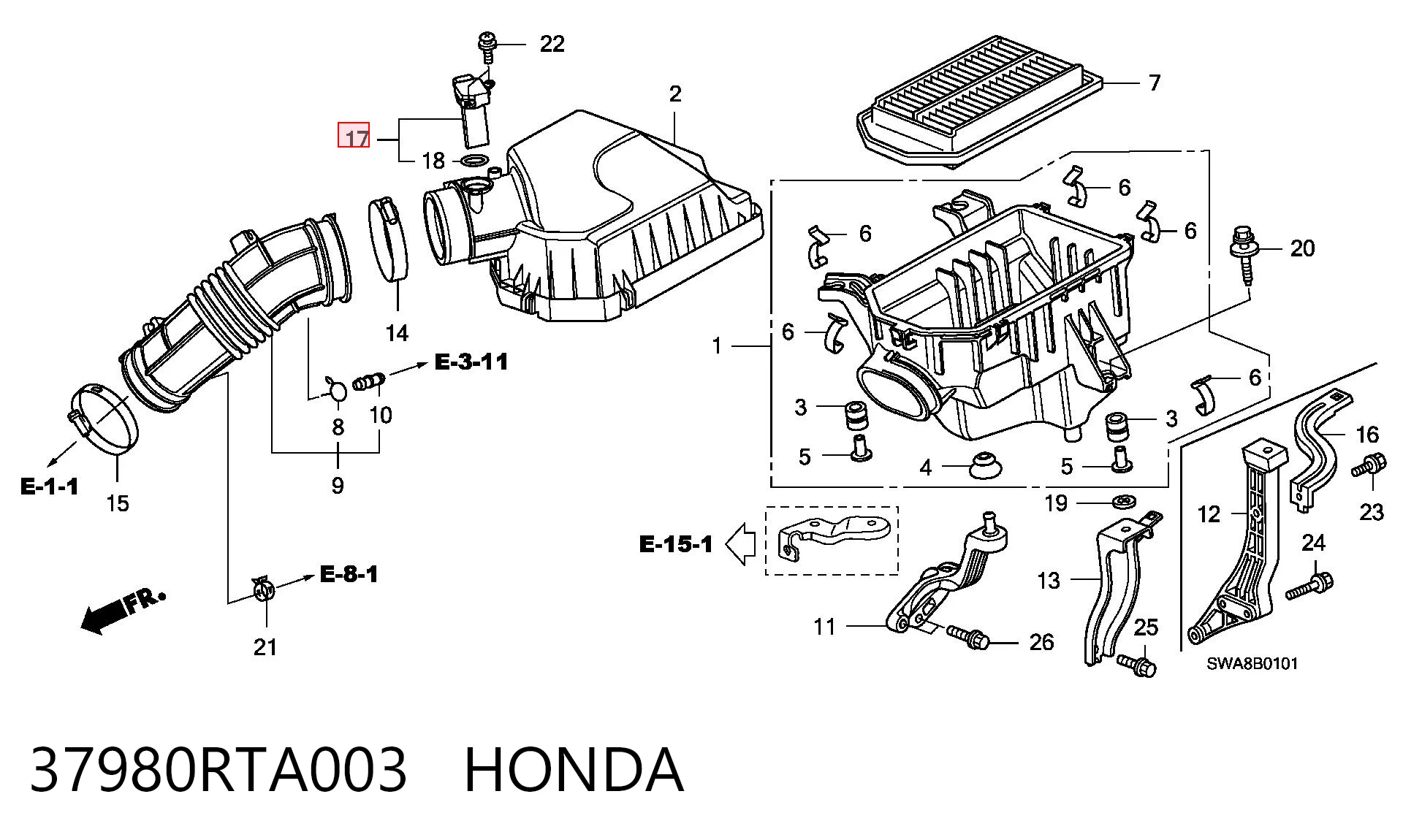 37980RTA003 Honda Sensor de fluxo (consumo) de ar, medidor de consumo M.A.F. - (Mass Airflow)